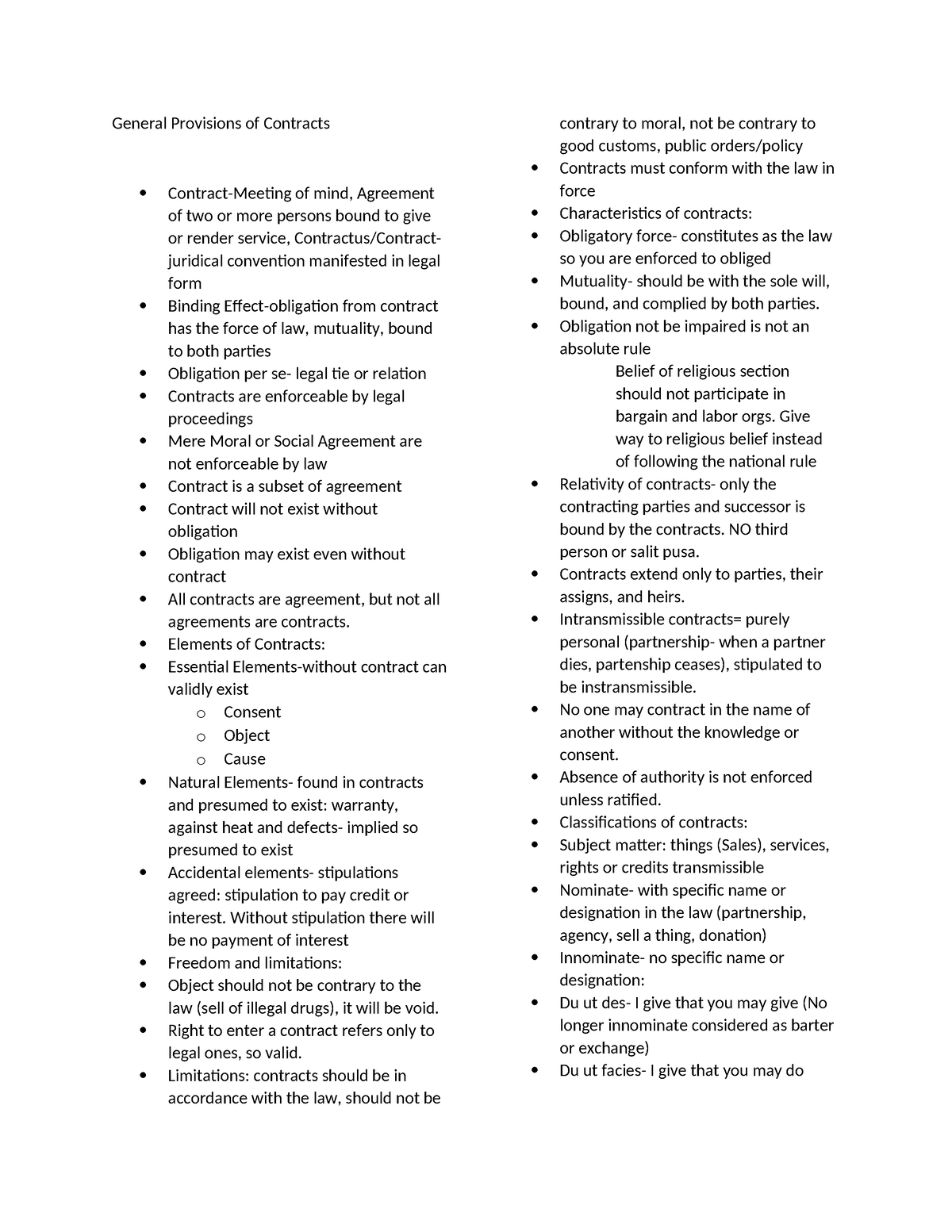 Obligations and Contracts - General Provisions of Contracts Contract ...