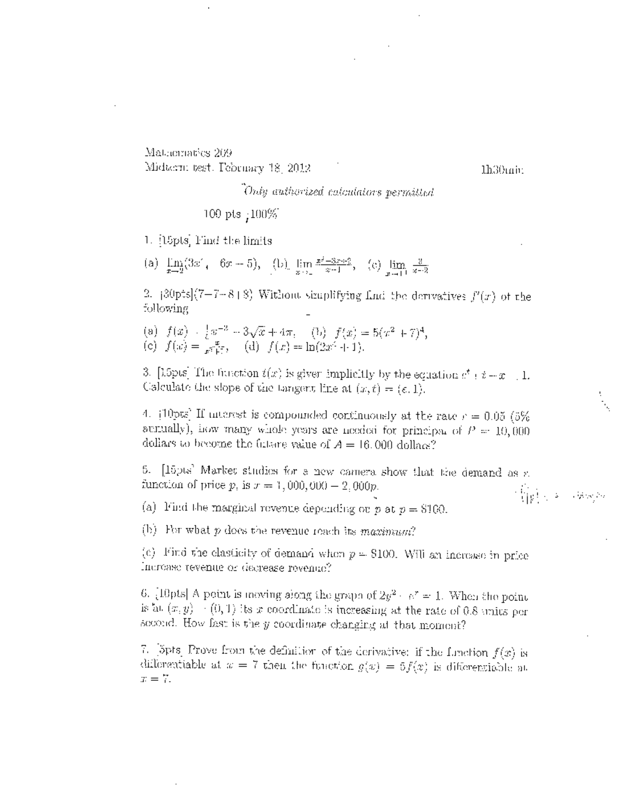 2012 Winter Midterm - test - Mathematics 209 Midterm test, February 18 ...