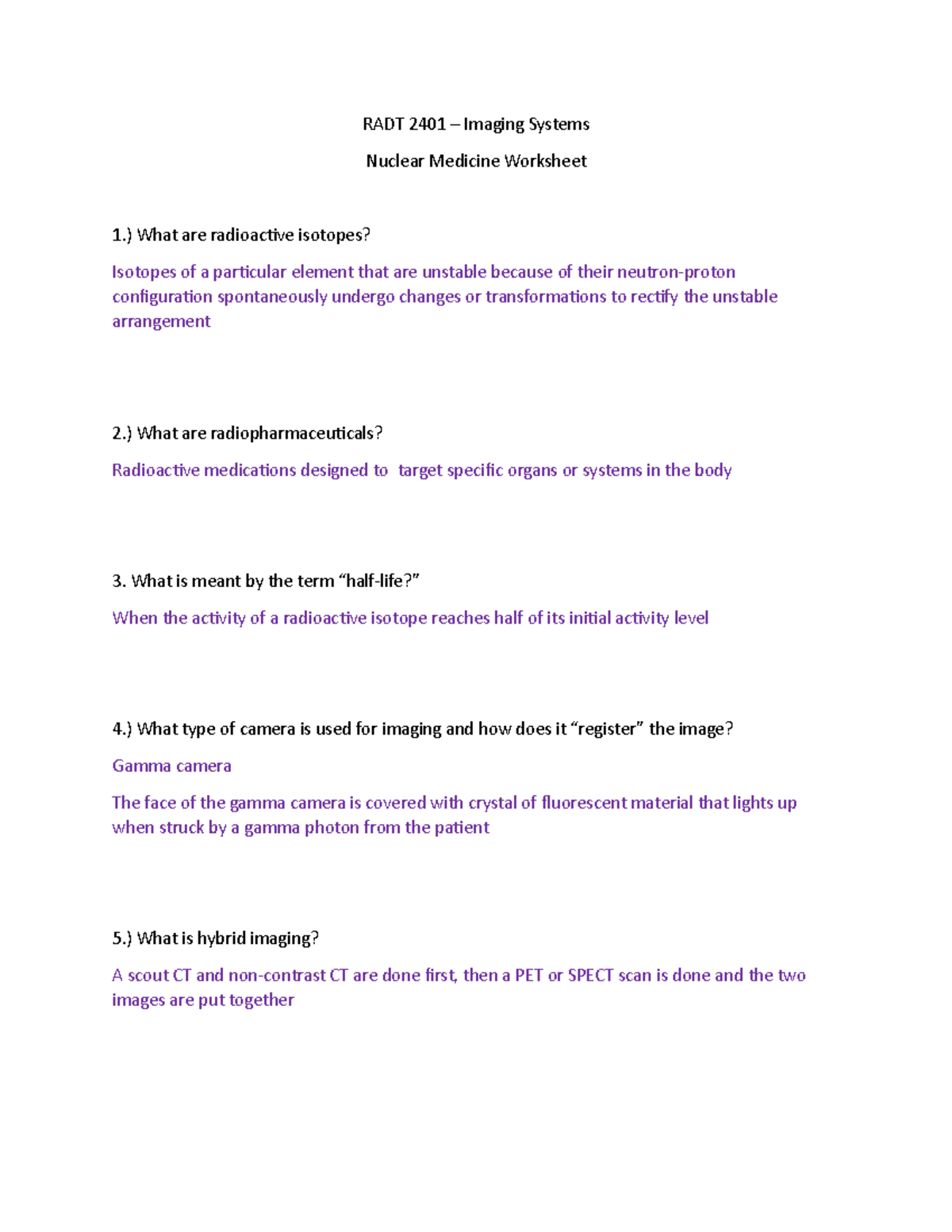 Nuclear Medicine Worksheet - RADT 2401 – Imaging Systems Nuclear ...
