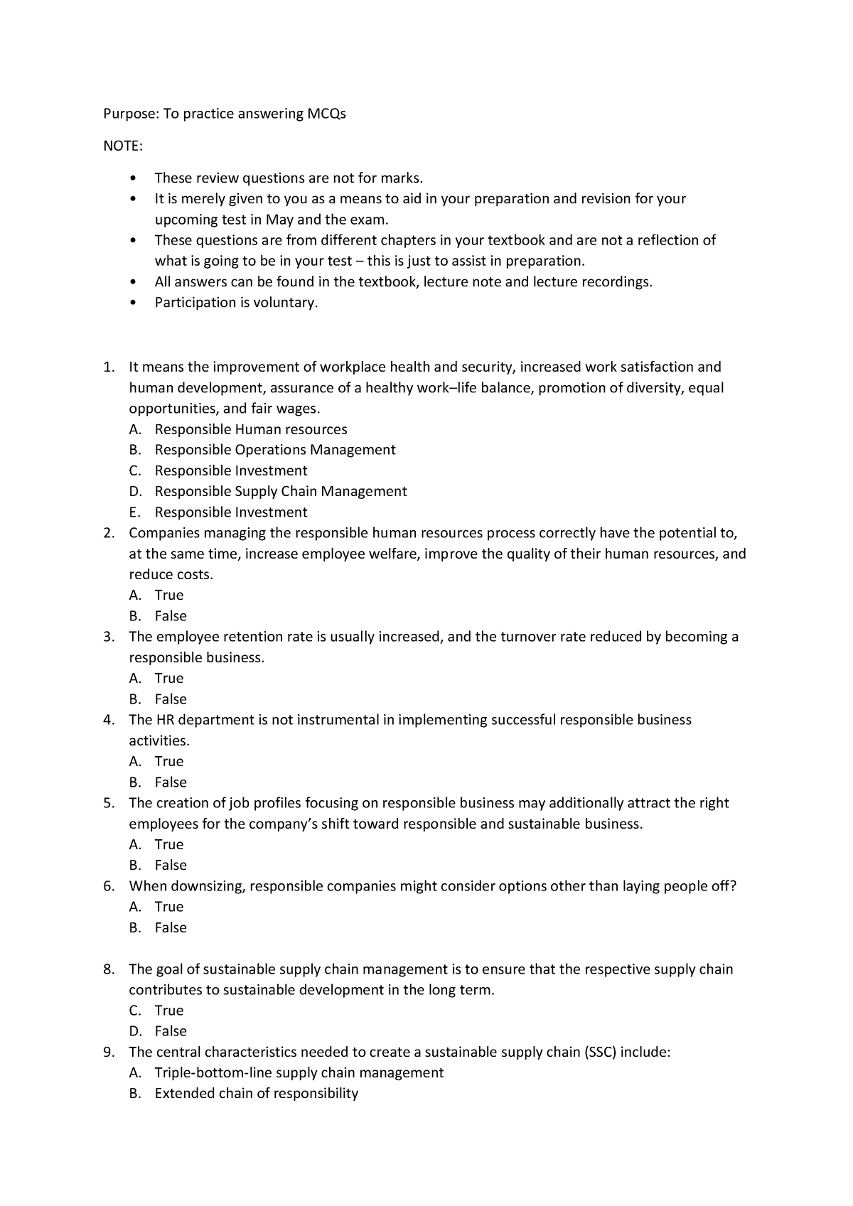 MCQ Prep Questions - exam material - Purpose: To practice answering ...