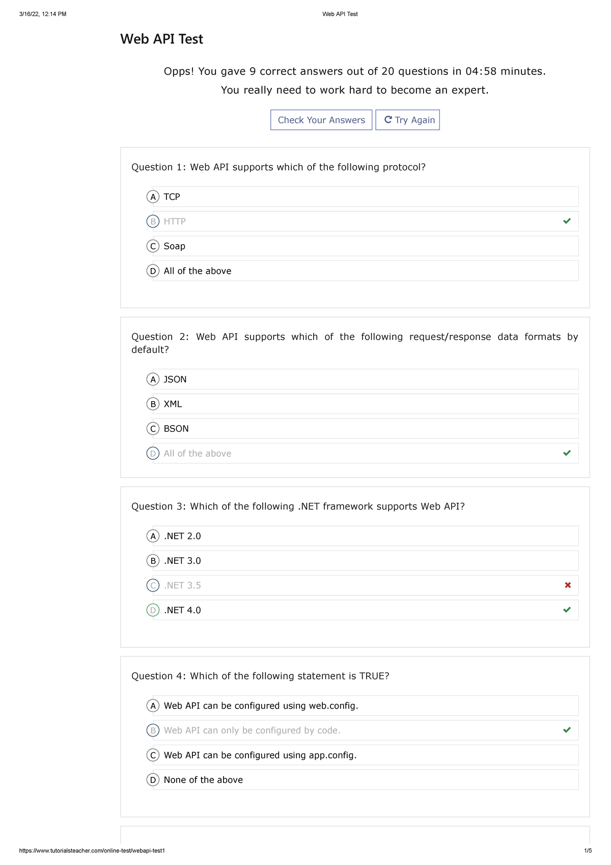 Web API Test - Opps! You gave 9 correct answers out of 20 questions in ...
