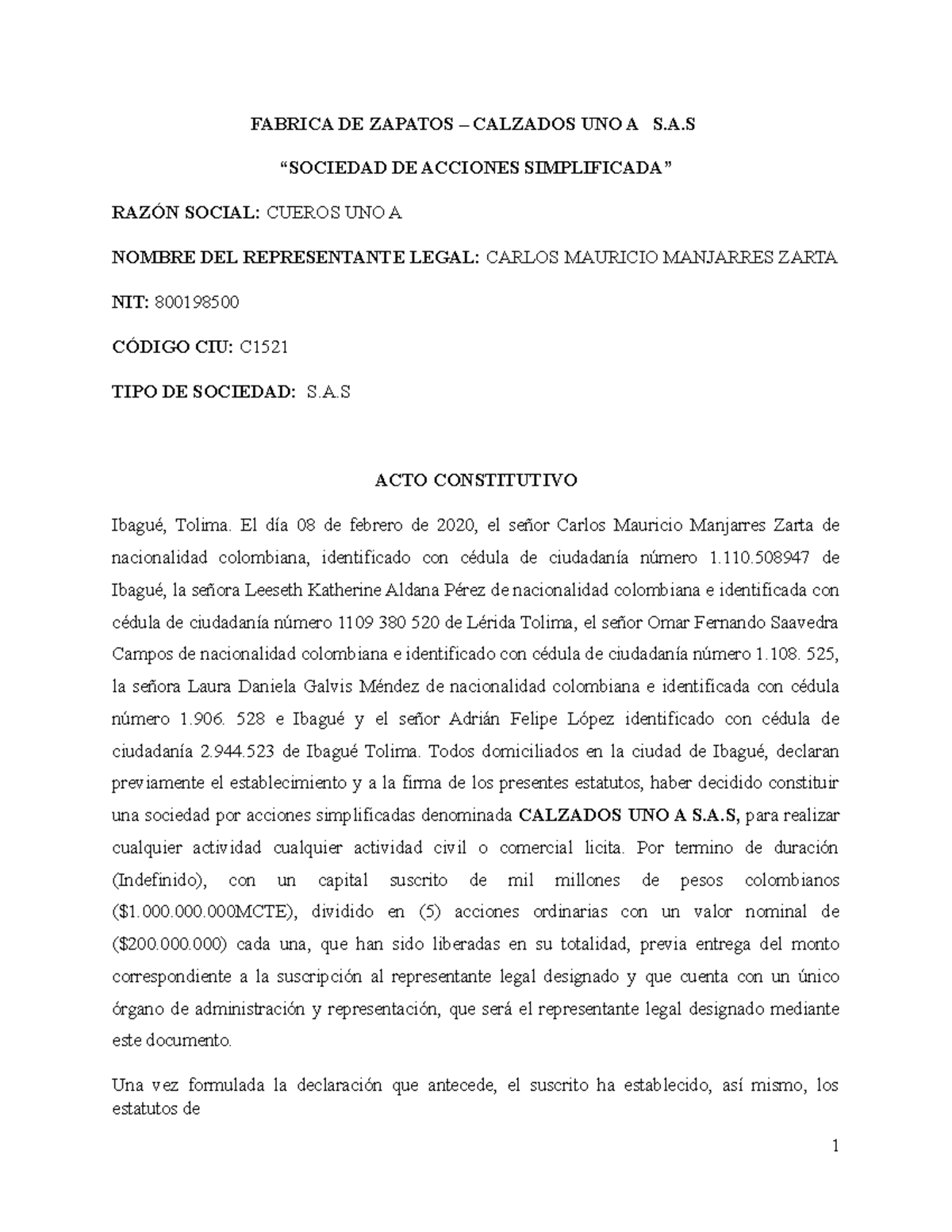 Empresa Constituida Fabrica DE Zapatos - Derecho Laboral - FABRICA DE ...