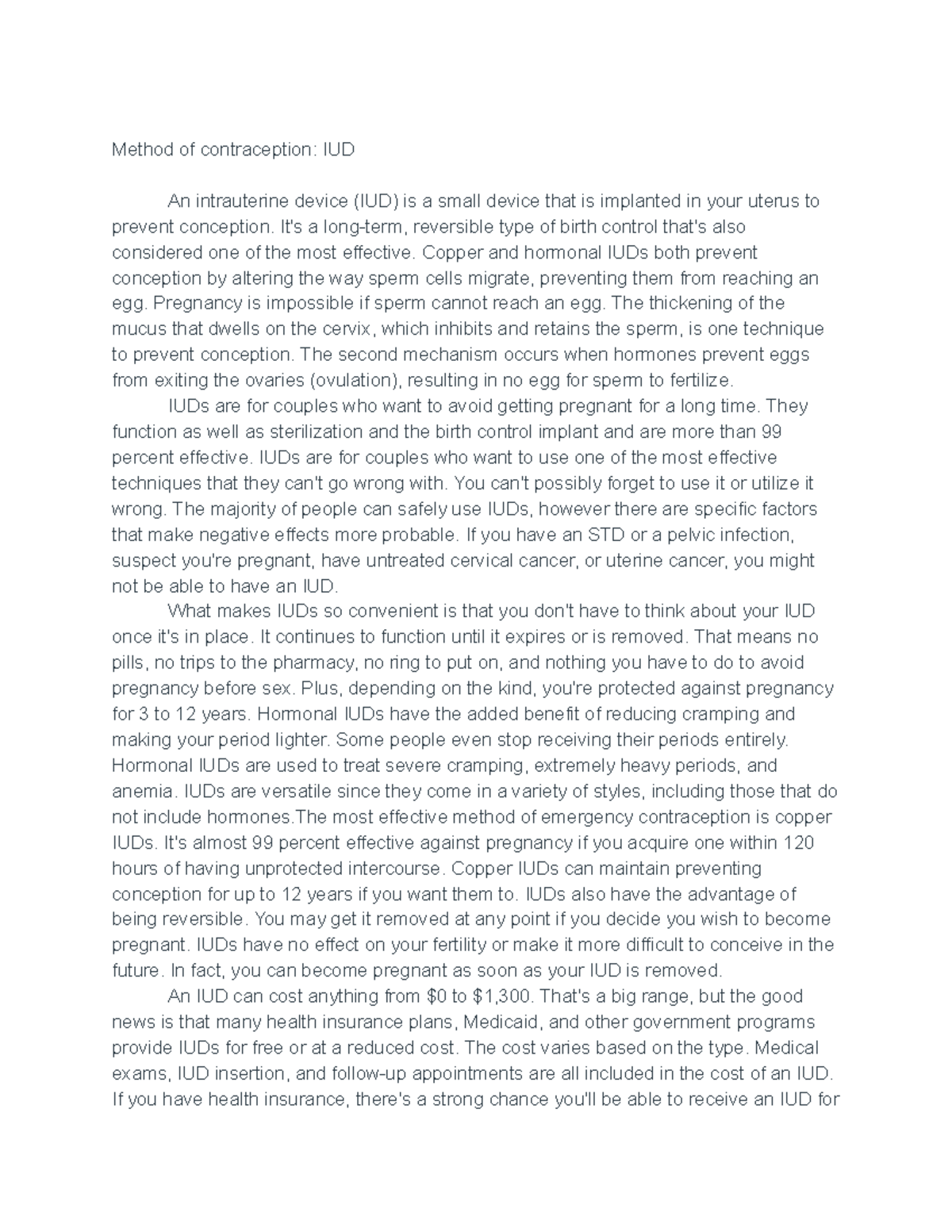 Contraception Writting Assignment - Method of contraception: IUD An ...