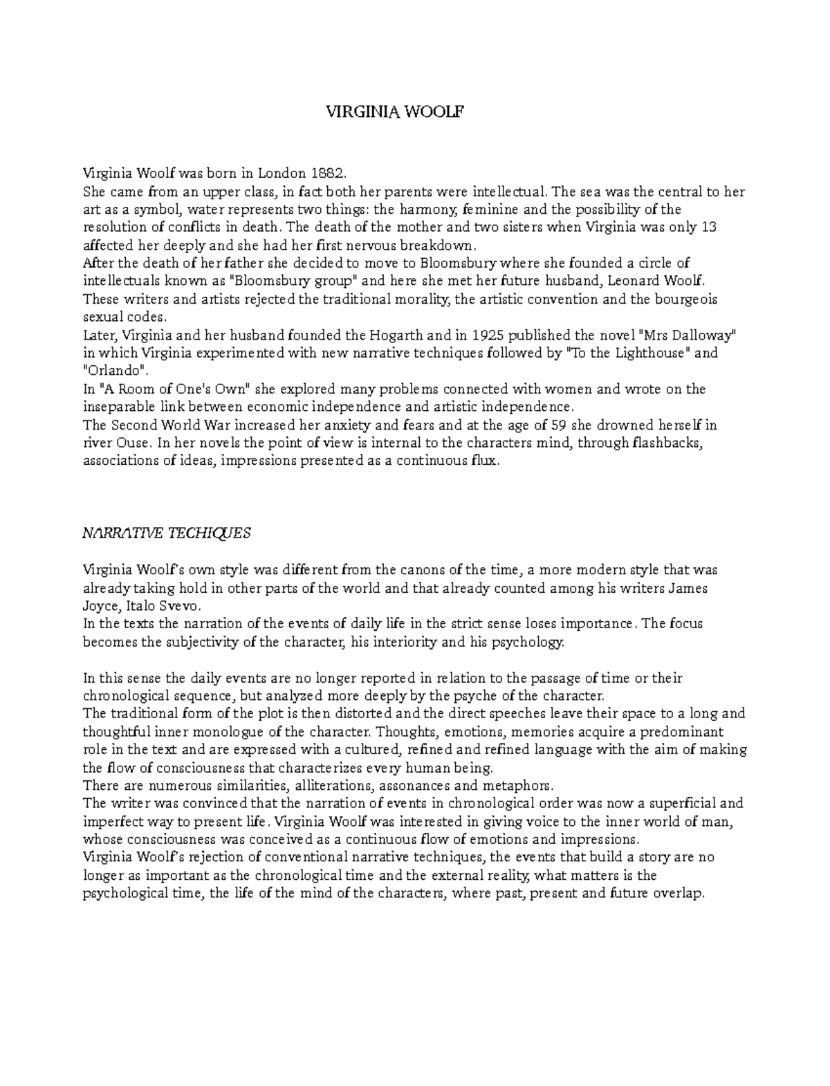 Inglese (Virginia Woolf and time Mrs Dalloway) VIRGINIA WOOLF