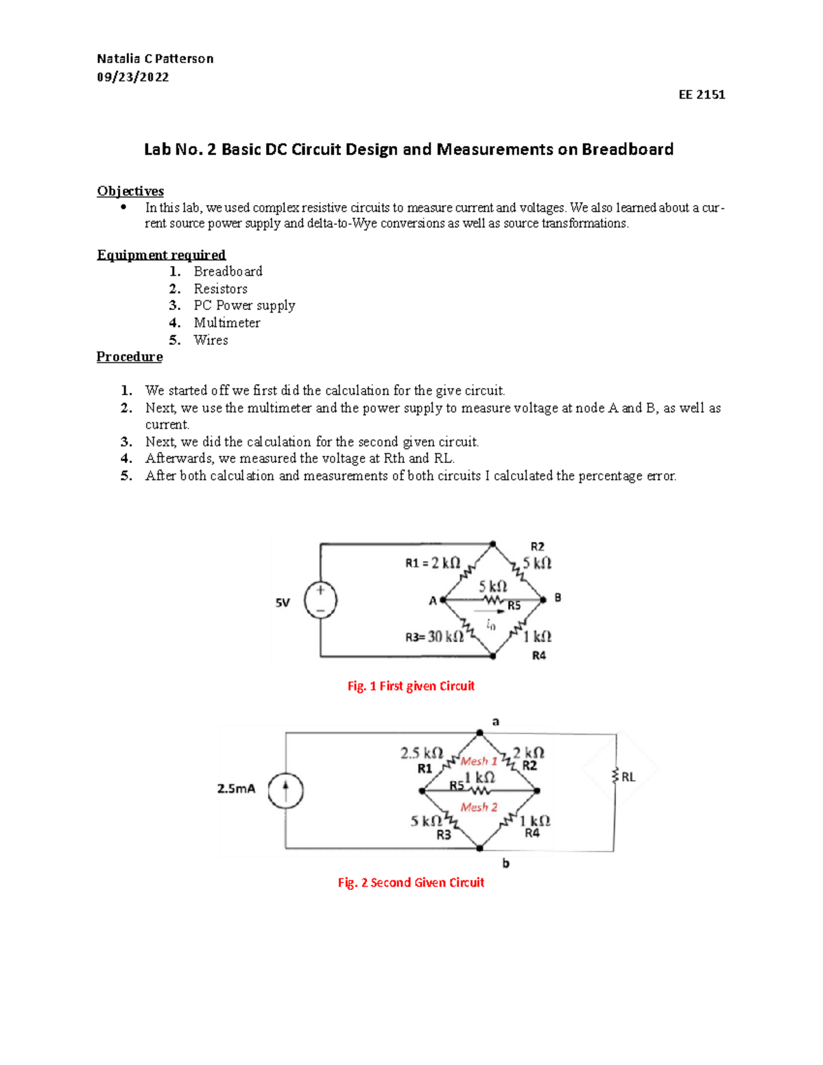 Lab 2 Lab report 2 Natalia C Patterson 09/23/ EE 2151 Lab No. 2