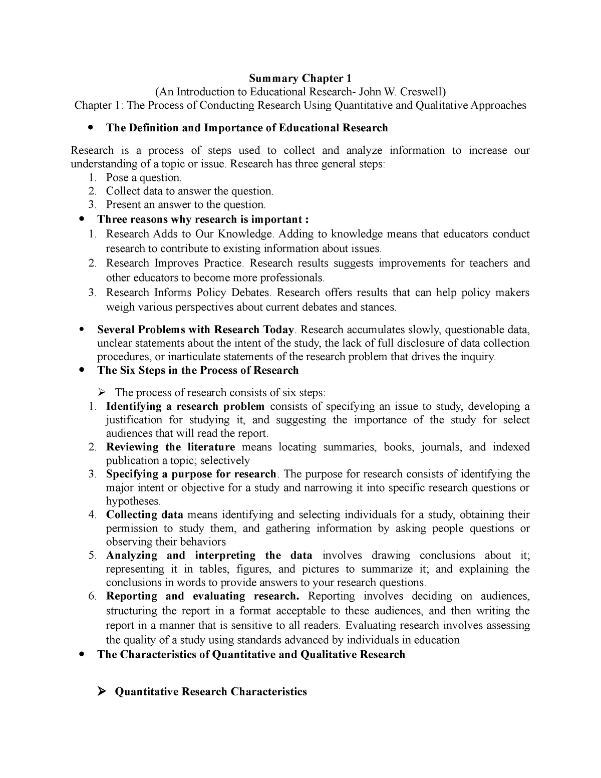 An Introduction to Educational Research Summary John W. Creswell