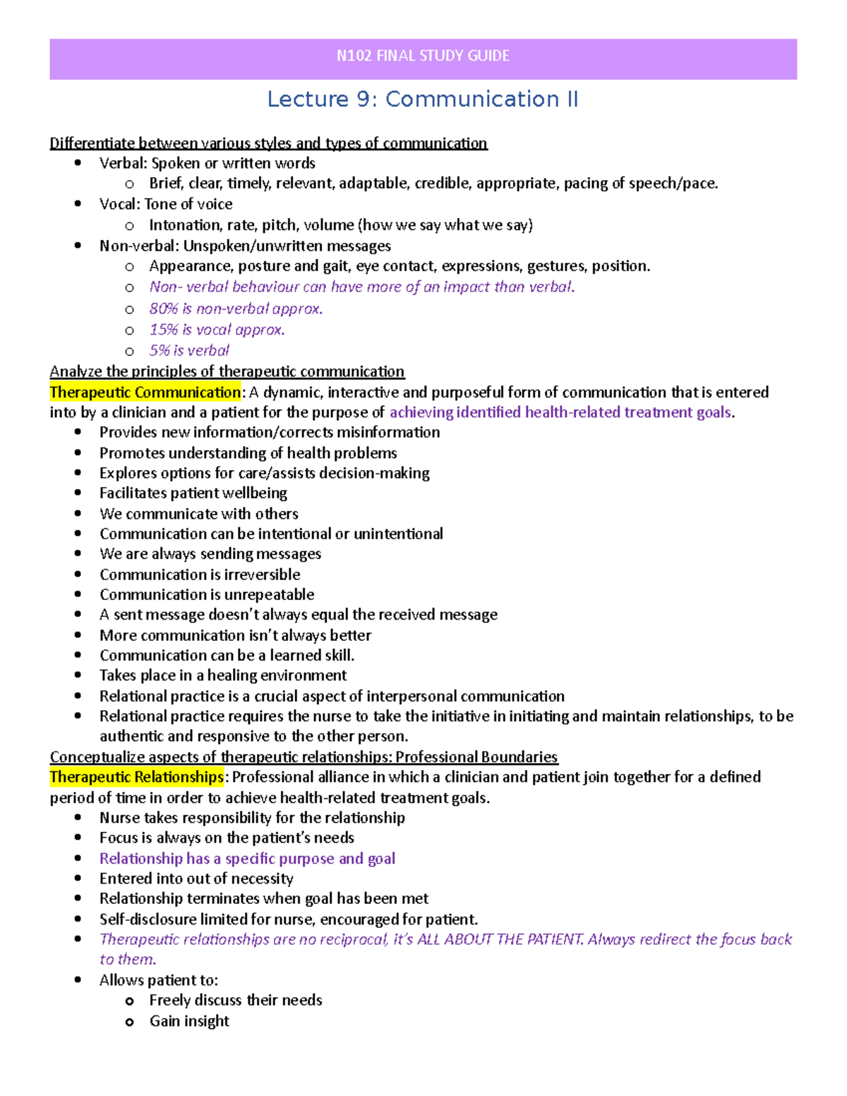 Communication II - N102 FINAL STUDY GUIDE Lecture 9: Communication II ...