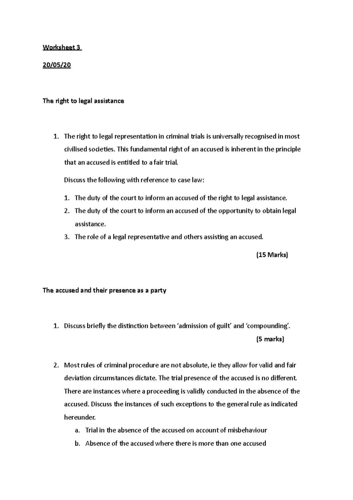 Worksheet 3 20 Worksheet 3 20/05/ The right to legal assistance The right to legal