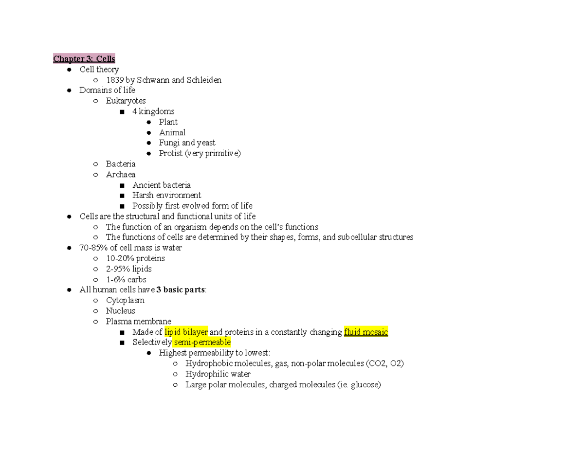 PHED1506 - Exam 1 - Practice for exam 1 - Chapter 3: Cells Cell theory ...