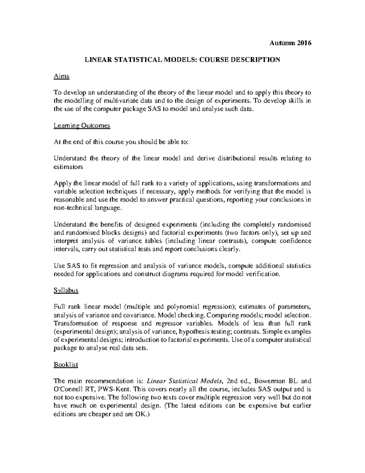 Module Document - Autumn 2016 LINEAR STATISTICAL MODELS: COURSE ...