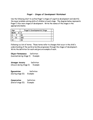 Piaget worksheet Piaget Stages of Development Worksheet Use