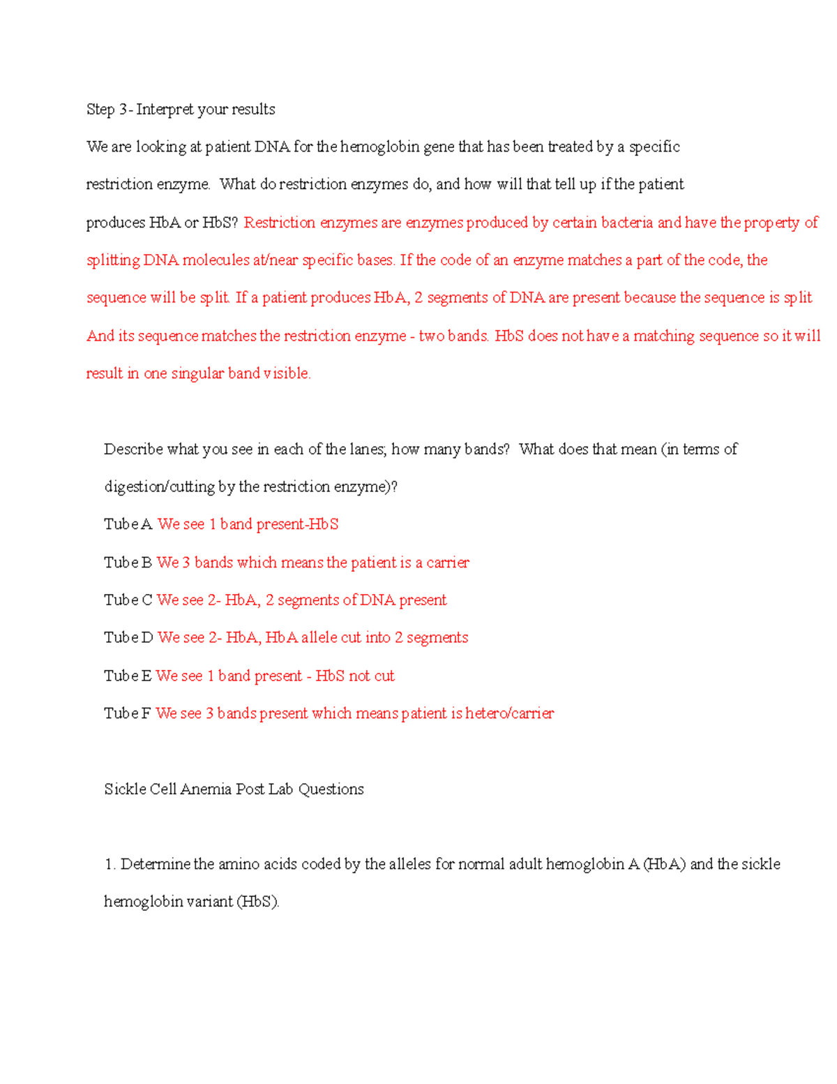 Sickle Cell Lab - assignments in Lab - Step 3- Interpret your results ...