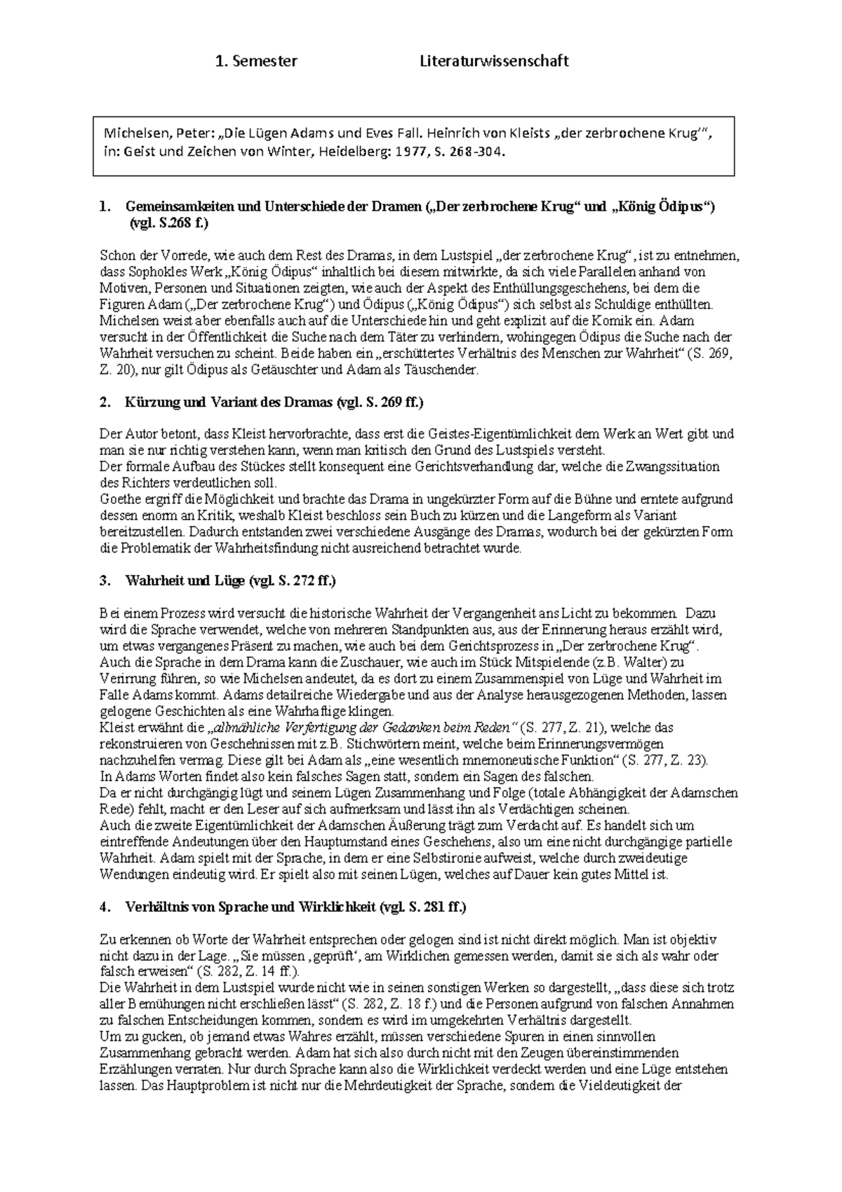Der Zerbrochene Krug Kapitel Zusammenfassung Exzerpt - Der zerbrochene Krug - 1. Semester Literaturwissenschaft