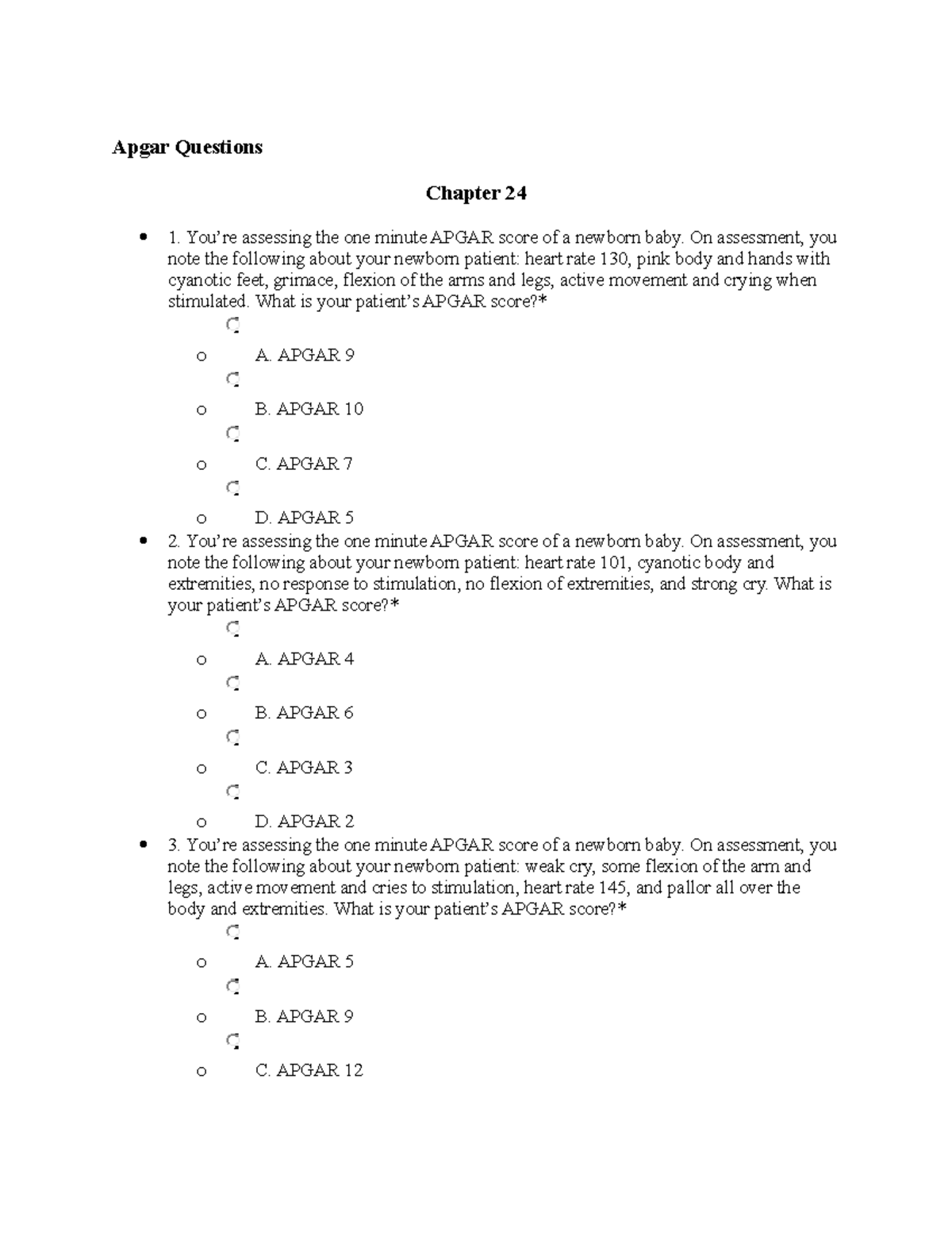 Apgar Sample Questions Chapter 24-1 - Apgar Questions Chapter 24 1. You ...