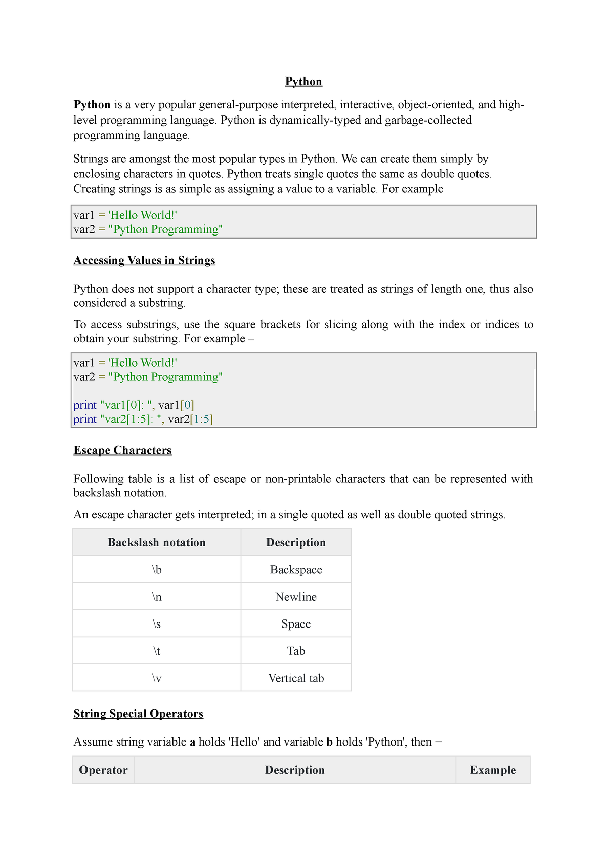 Python Strings And Escape Characters - Python Python Is A Very Popular ...