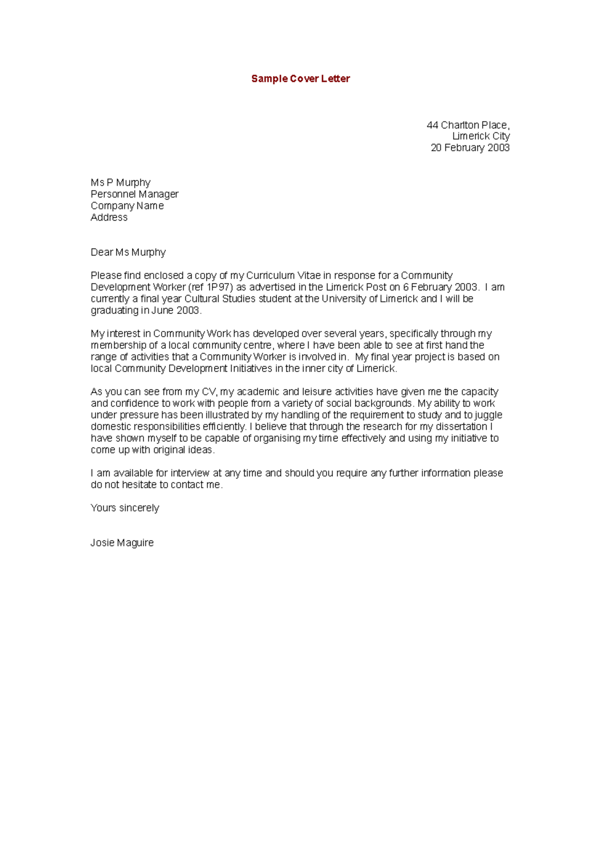 Sample Cover Letter - I am currently a final year Cultural Studies ...