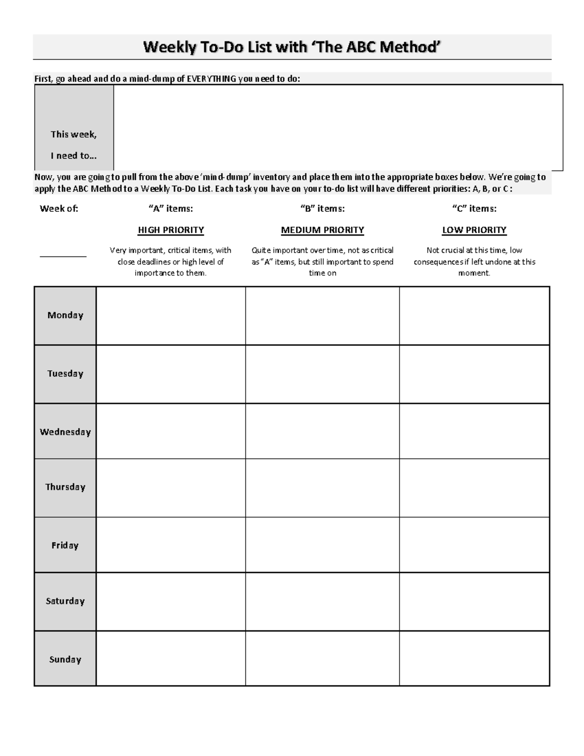 Bio 101 abc - bio - Weekly To-Do List with ‘The ABC Method’ First, go ...