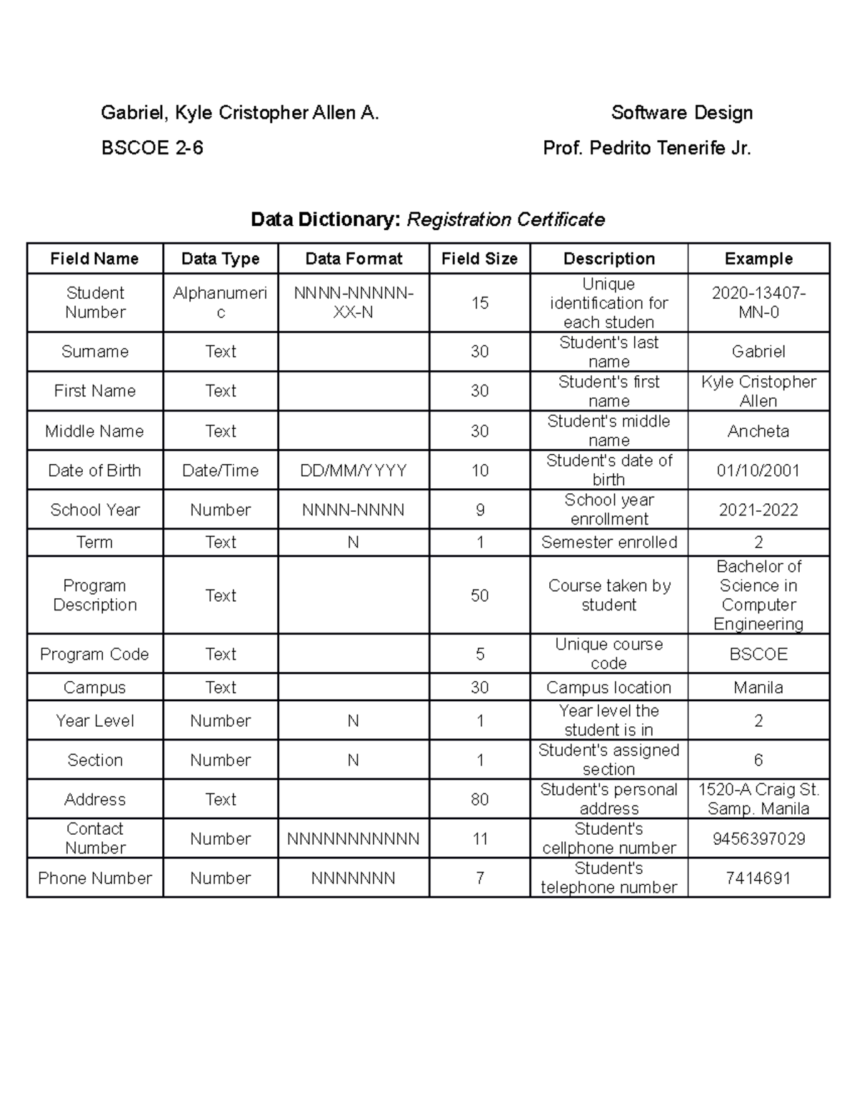 Gabriel, Kyle Bscoe 26 SD(Data DIctionary) Gabriel, Kyle Cristopher