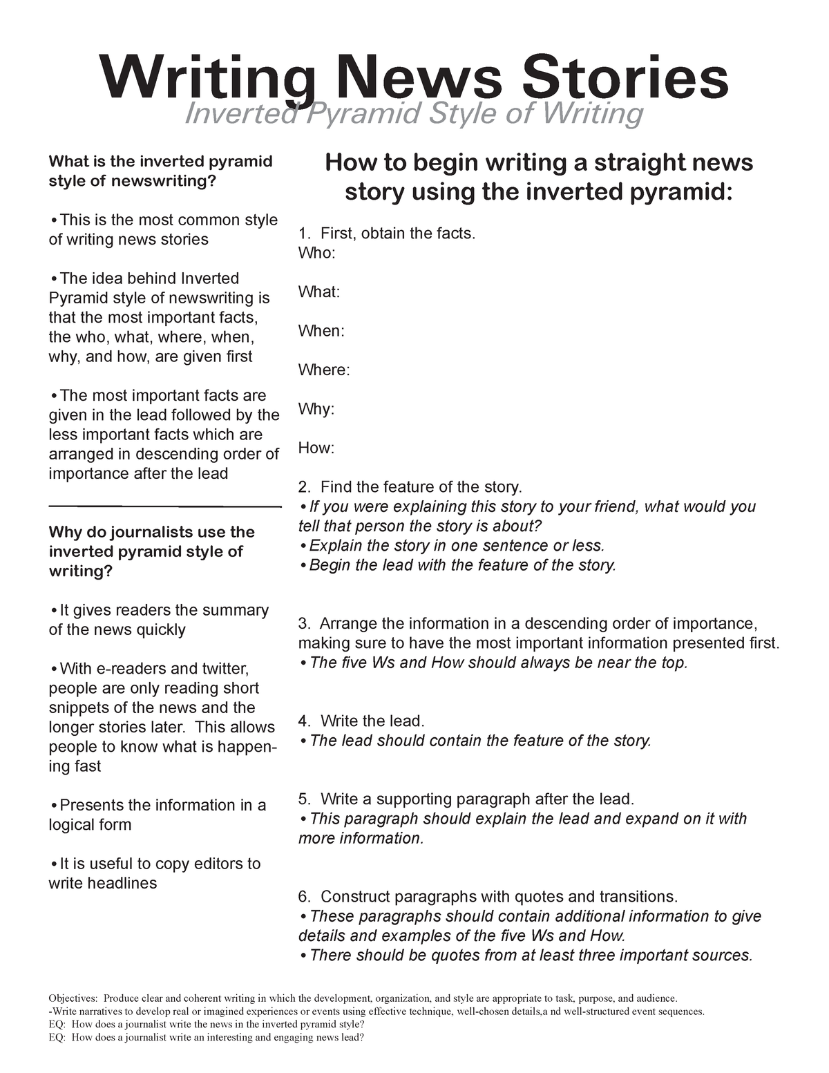 Inverted Pyramid and Lead Writing Worksheets - ####### Objectives ...