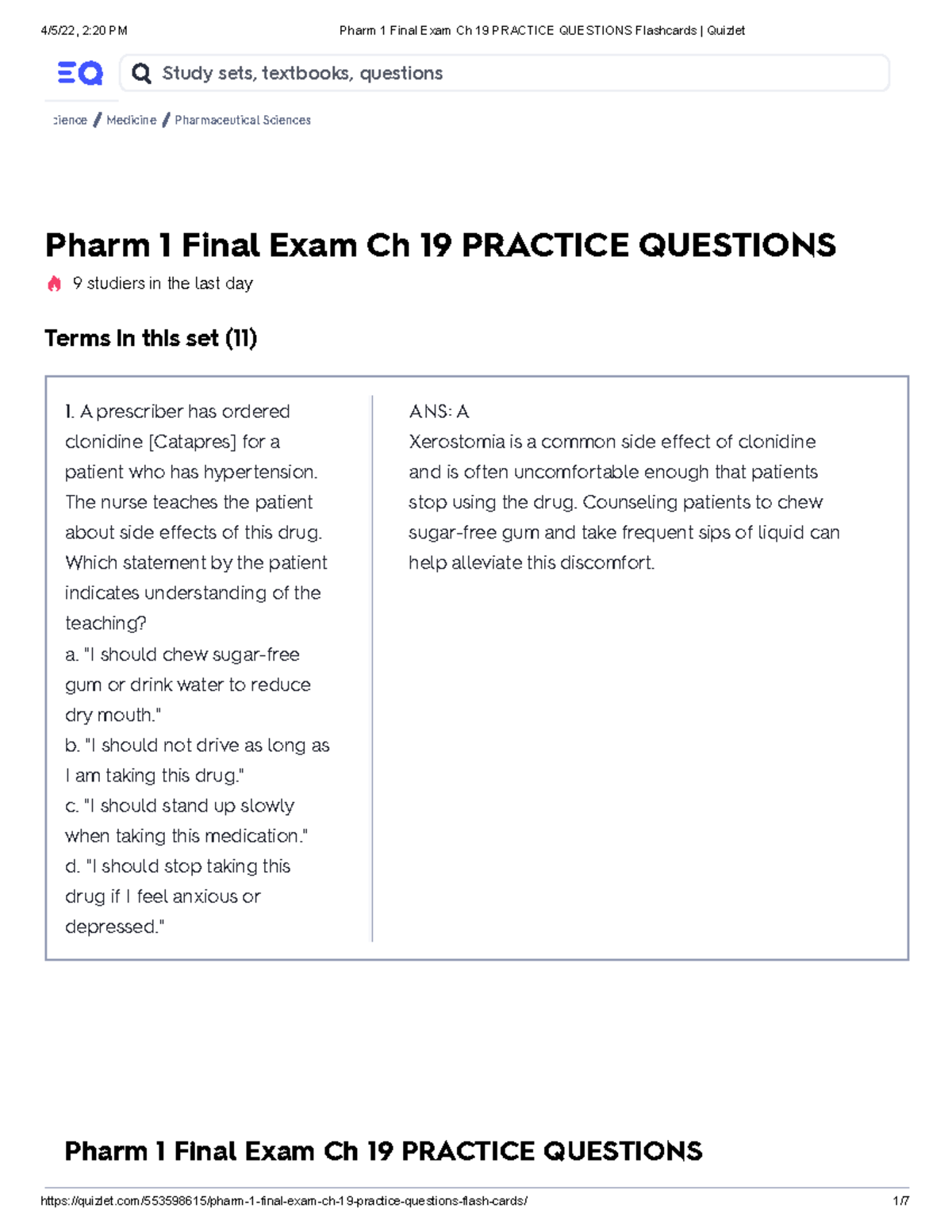 Pharm 1 Final Exam Ch 19 Practice Questions Flashcards Quizlet ...