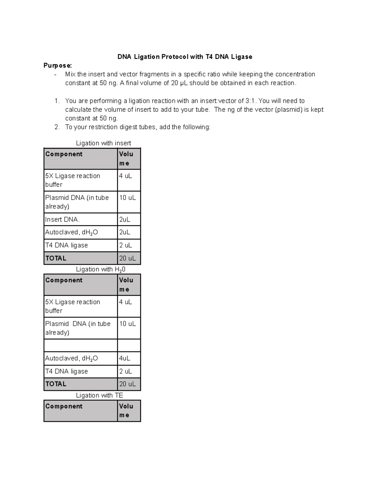 DNA Ligation Protocol with T4 DNA Ligase-2 Lab - DNA Ligation Protocol ...