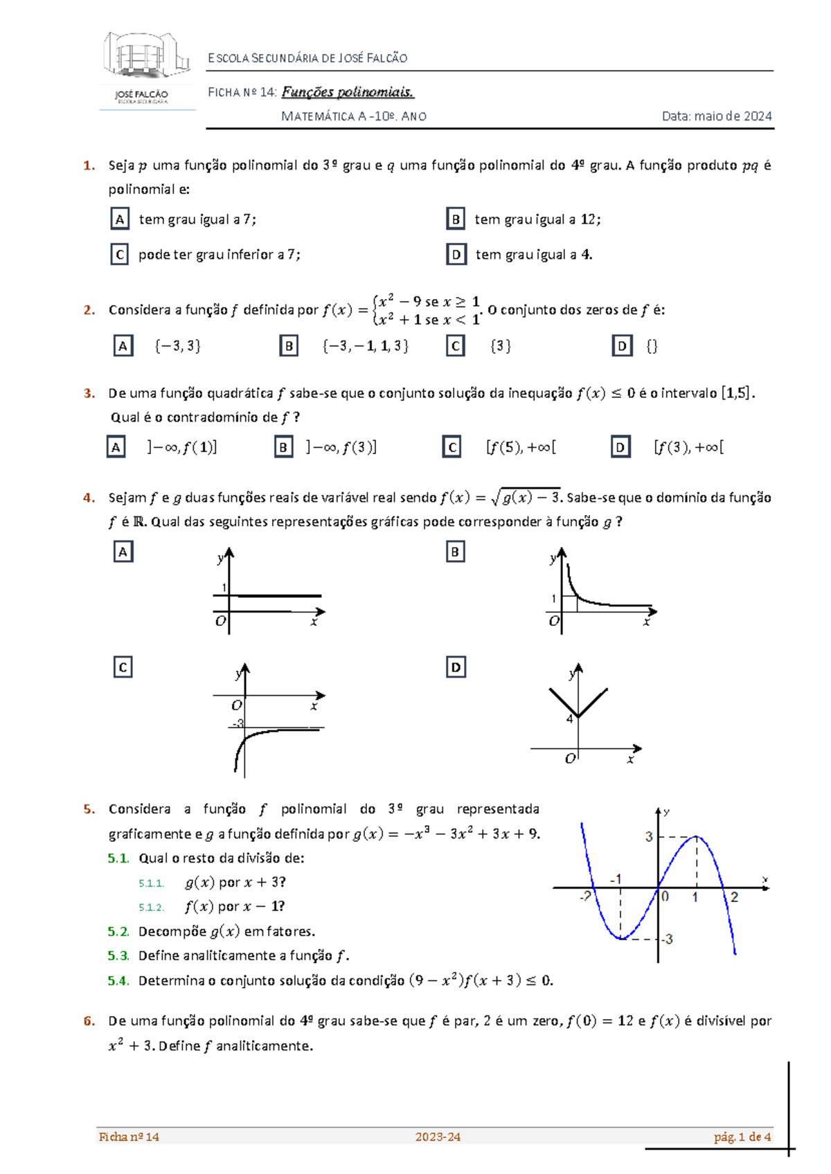 Ficha Nº 14 Funções Polinomiais 10º Mat A 23 24 Ficha Nº 14 Funções