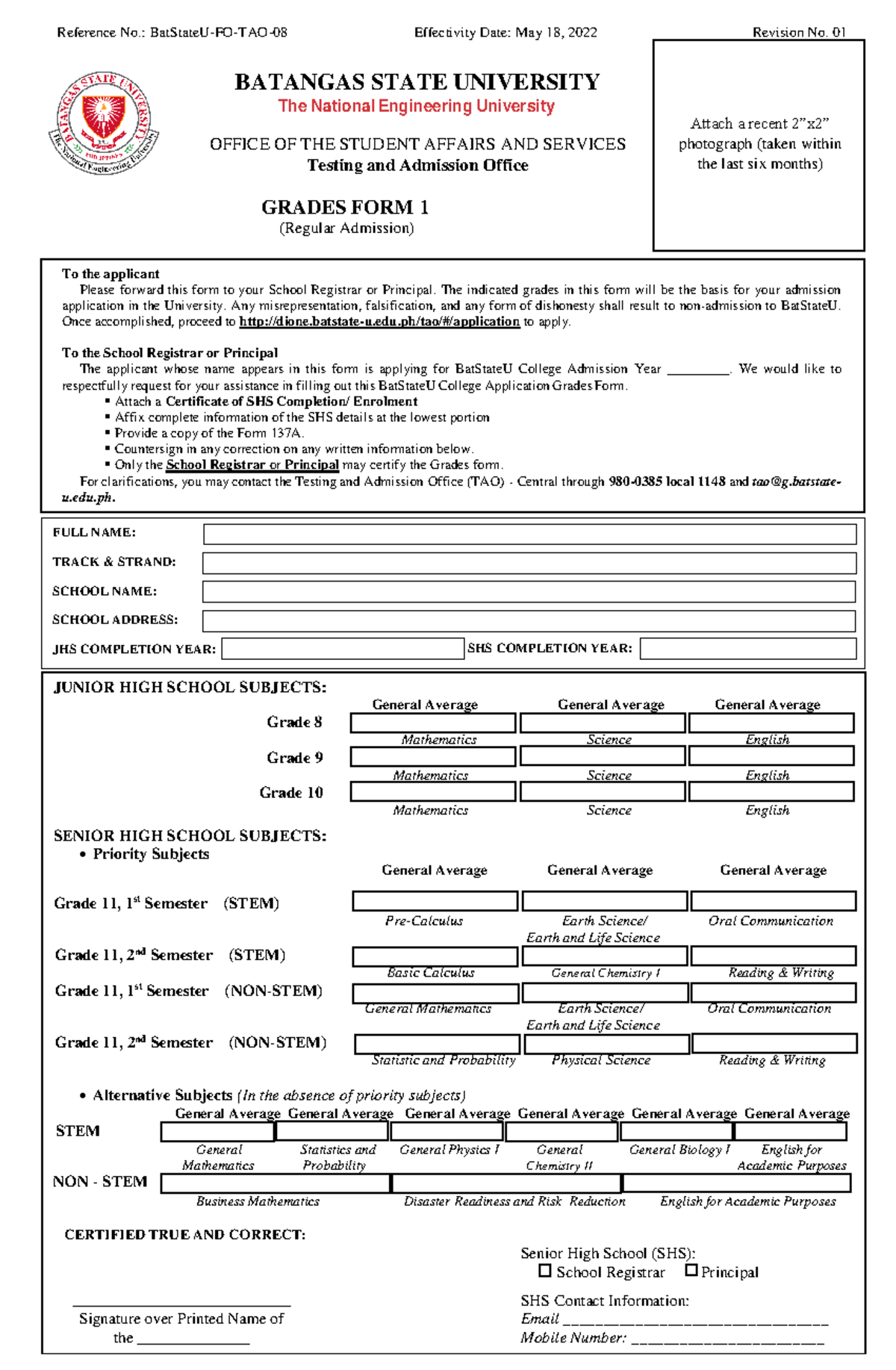 Bat State U-FO-TAO-08 Grades Form 1 (Regular Admission) Rev. 01 ...