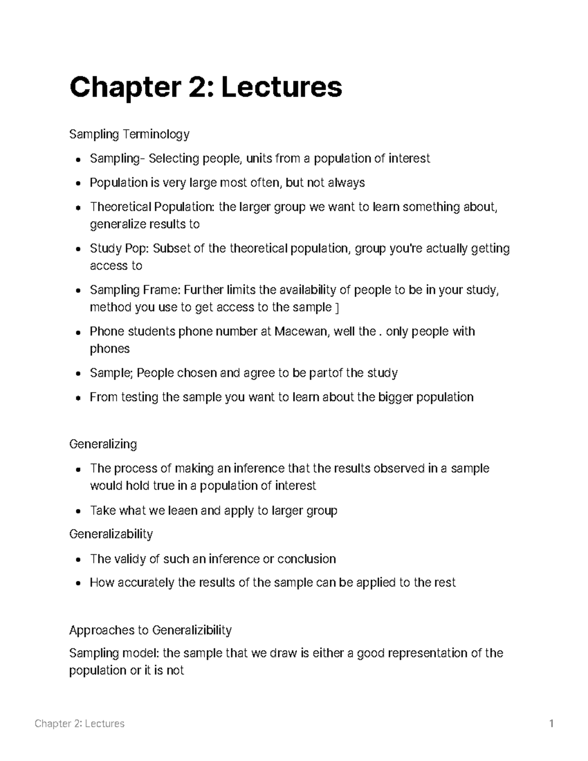 Chapter 2 Lectures - Chapter 2: Lectures Sampling Terminology Sampling ...