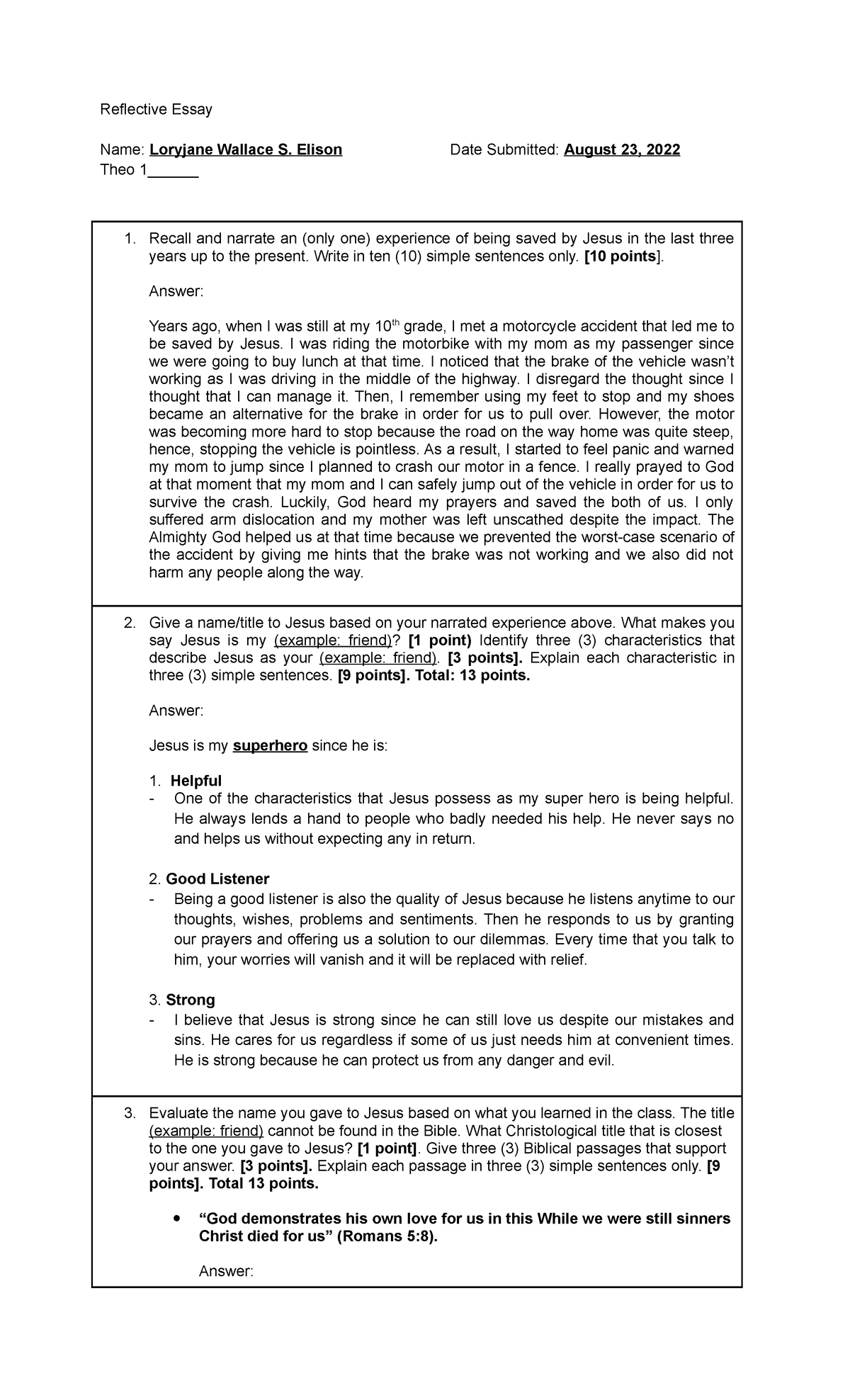 Reflective Essay on Doing Christology - Reflective Essay Name: Loryjane ...