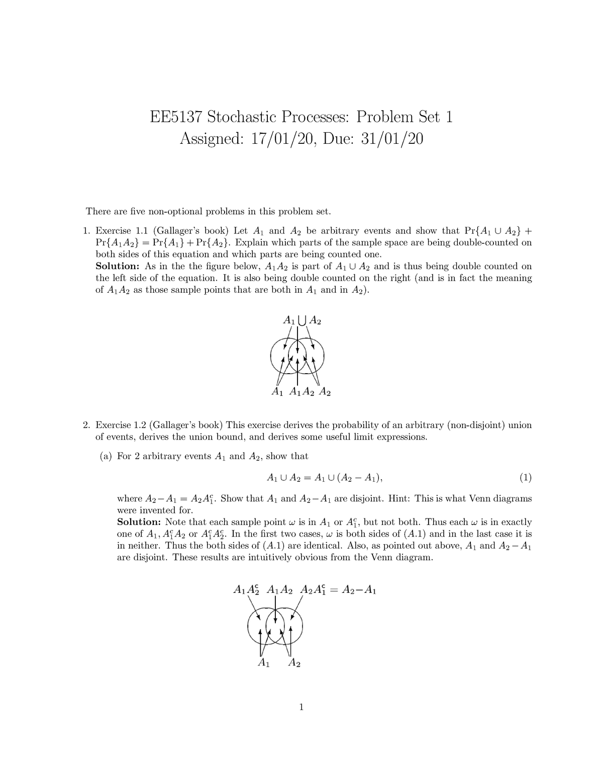 Sol 1 - Homework - EE5137 Stochastic Processes: Problem Set 1 Assigned ...