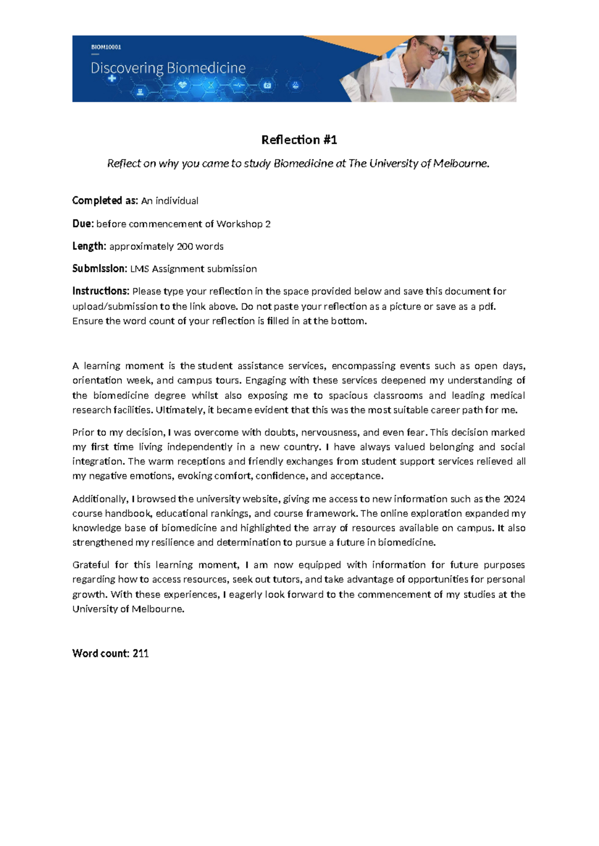BIOM10001 Written Reflection 1 template - Reflection Reflect on why you ...