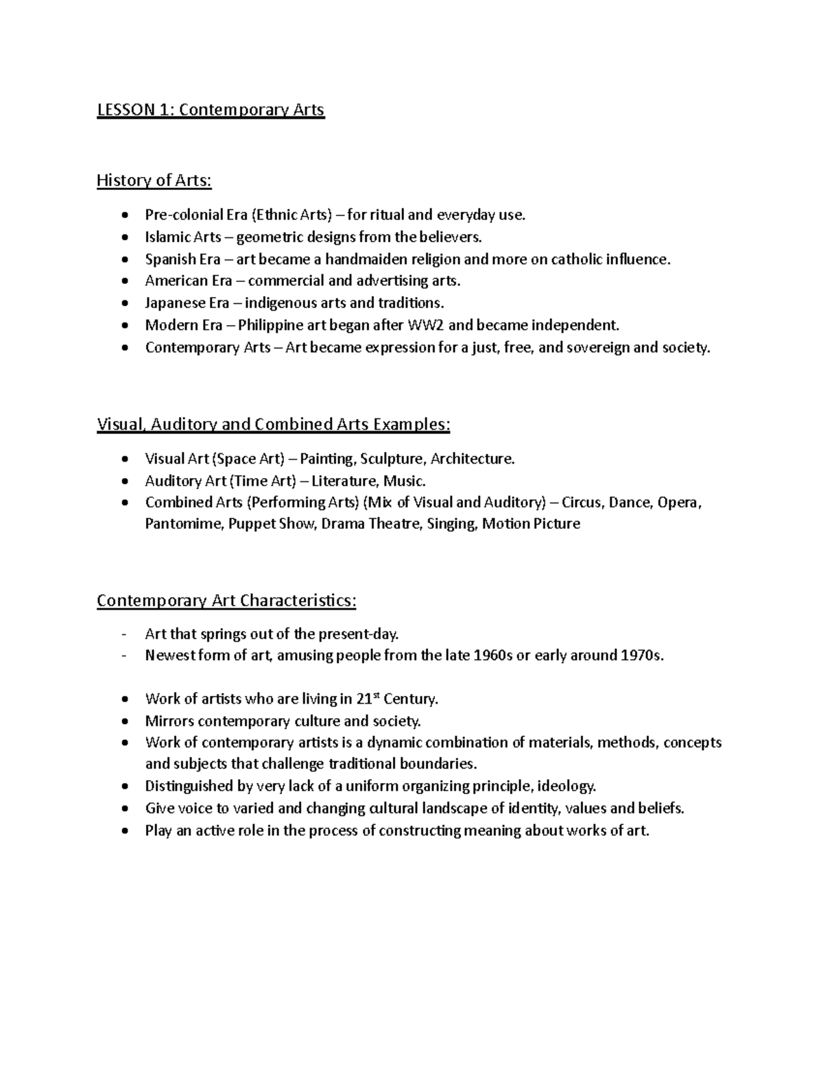 CPAR Reviewer.......... LESSON 1 Contemporary Arts History