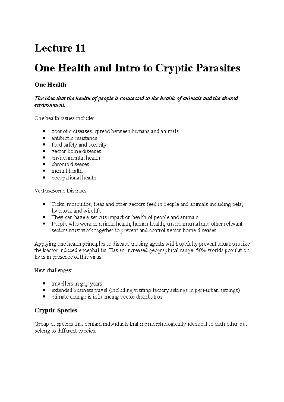 Lecture 11 One health and cryptic species - Lecture 11 One Health and ...
