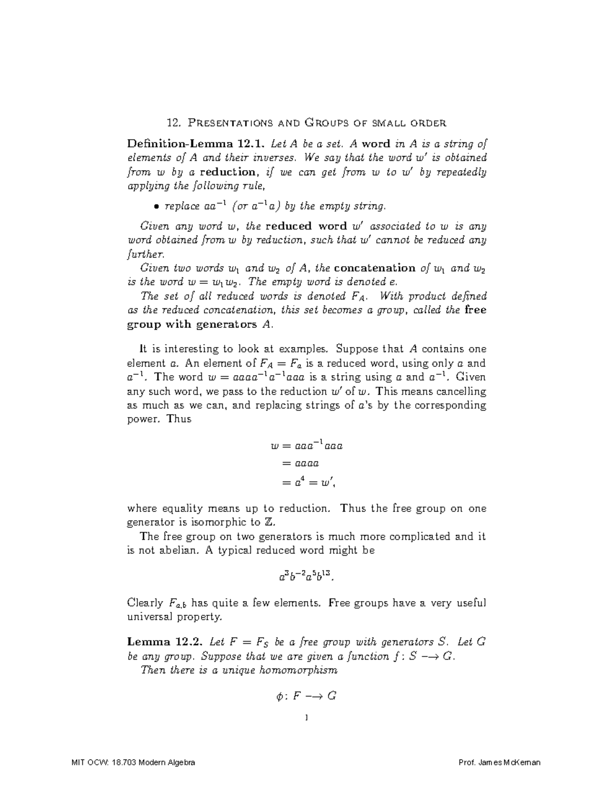 Modern Algebra Lecture 12 Presentations and Groups of small order