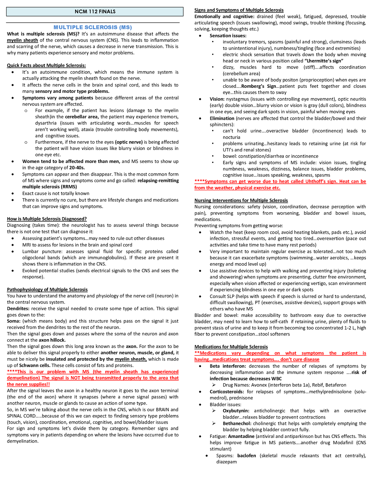 Block 1 NCM 112 Finals - notes only - NCM 112 FINALS MULTIPLE SCLEROSIS ...