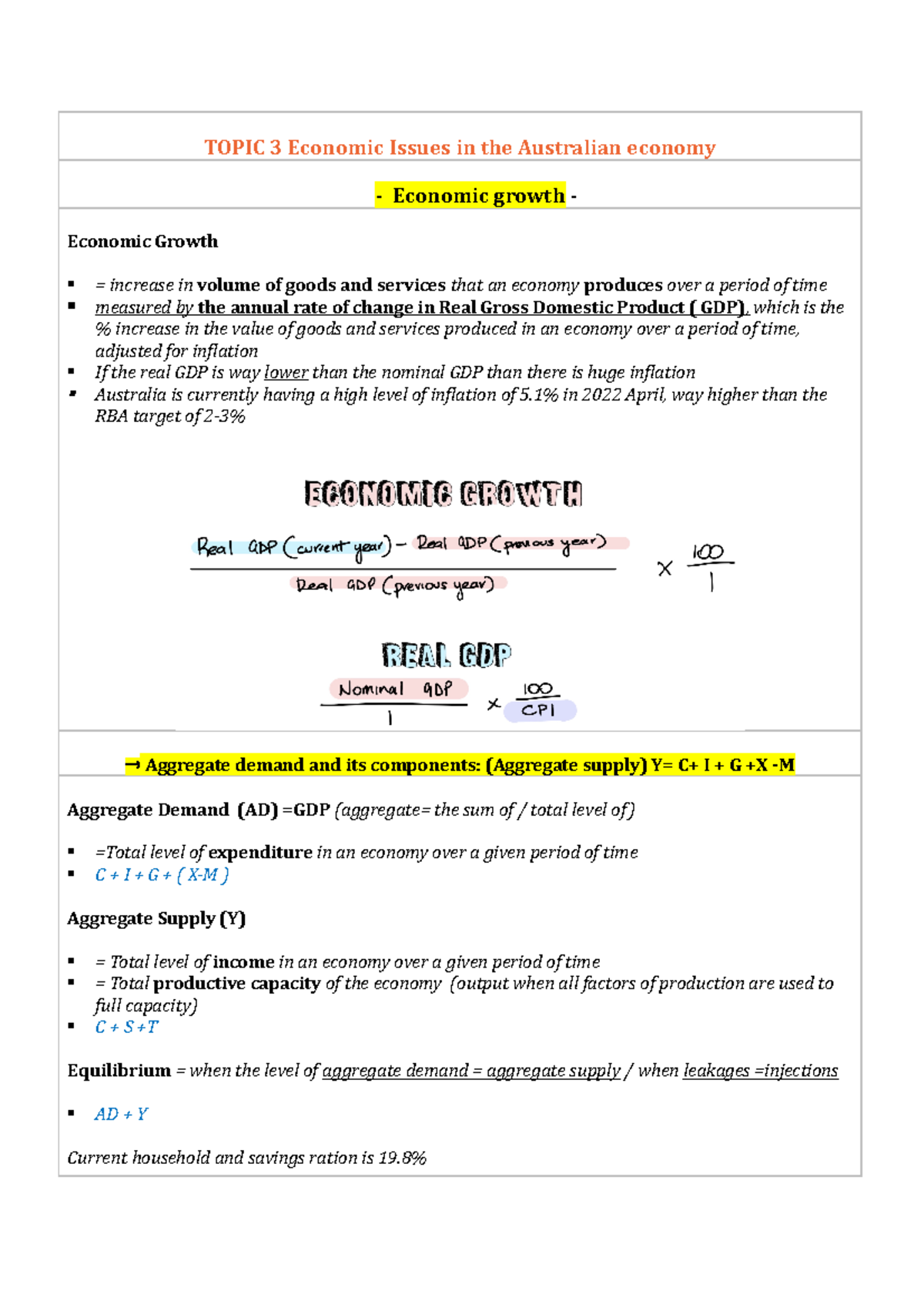 Topic 3 ECO Notes - TOPIC 3 Economic Issues in the Australian economy ...
