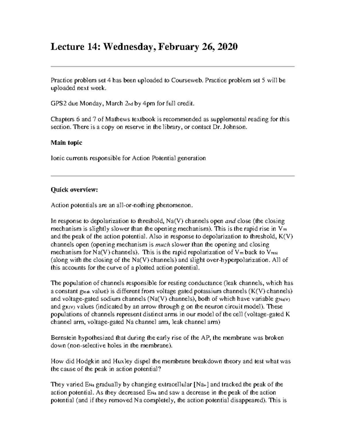 Lecture 14 Neurophysiology - Lecture 14: Wednesday, February 26, 2020 ...