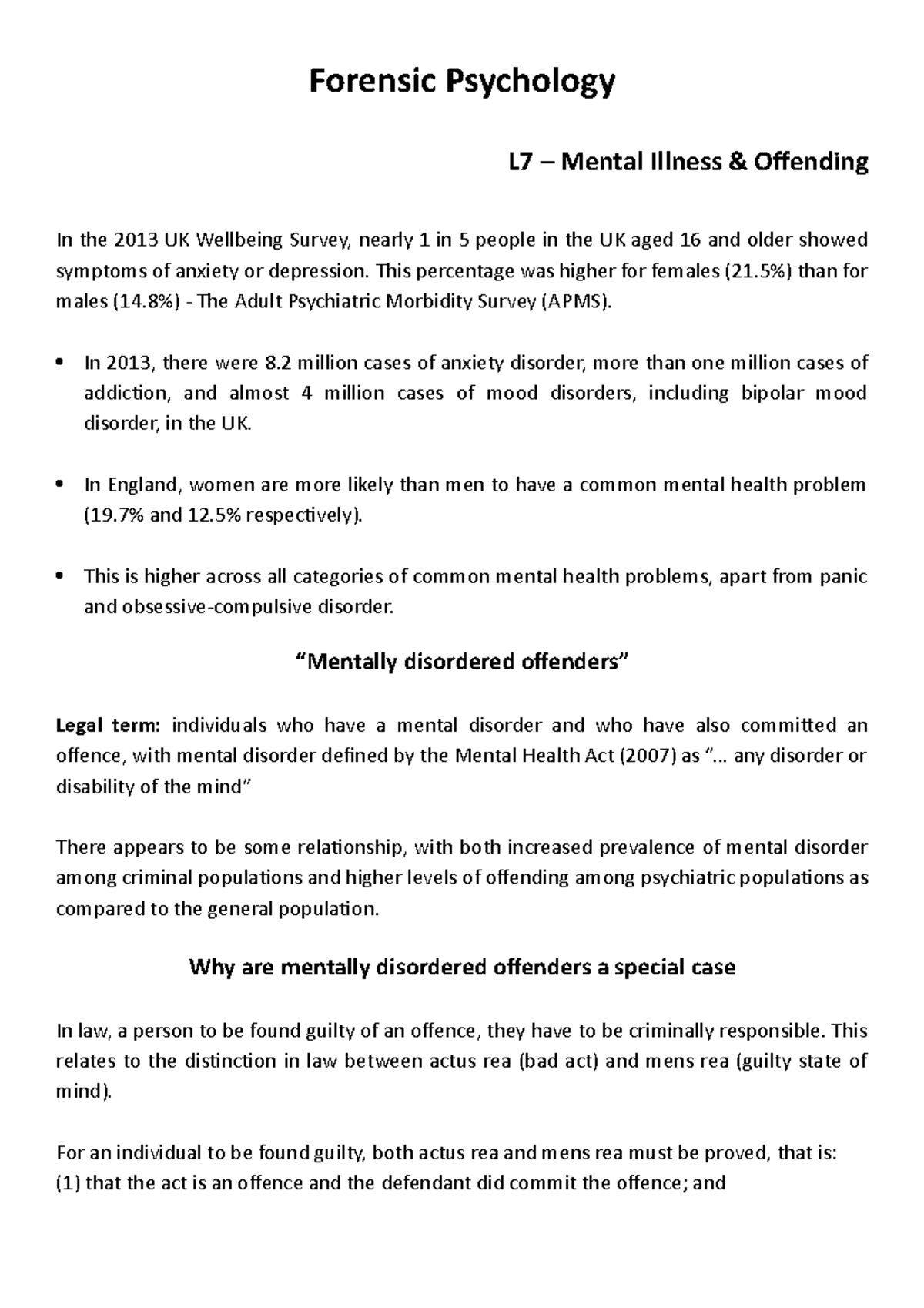 Mental Illness And Offending Forensic Psychology L7 Mental Illness And Offending In The 2013 Uk