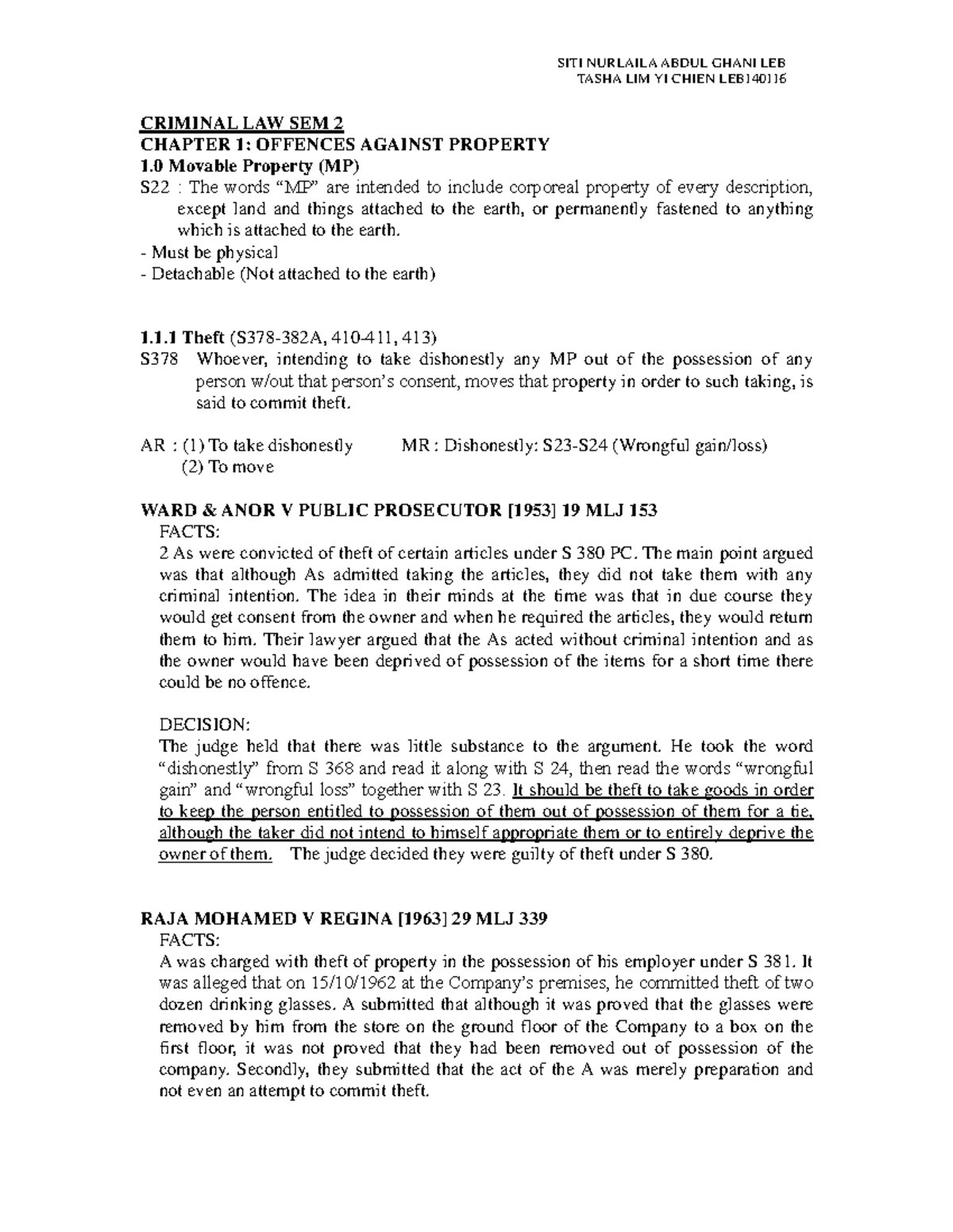 Criminal Law Sem 2 Notes By Tasha And Lilly Criminal Law Ii Studocu