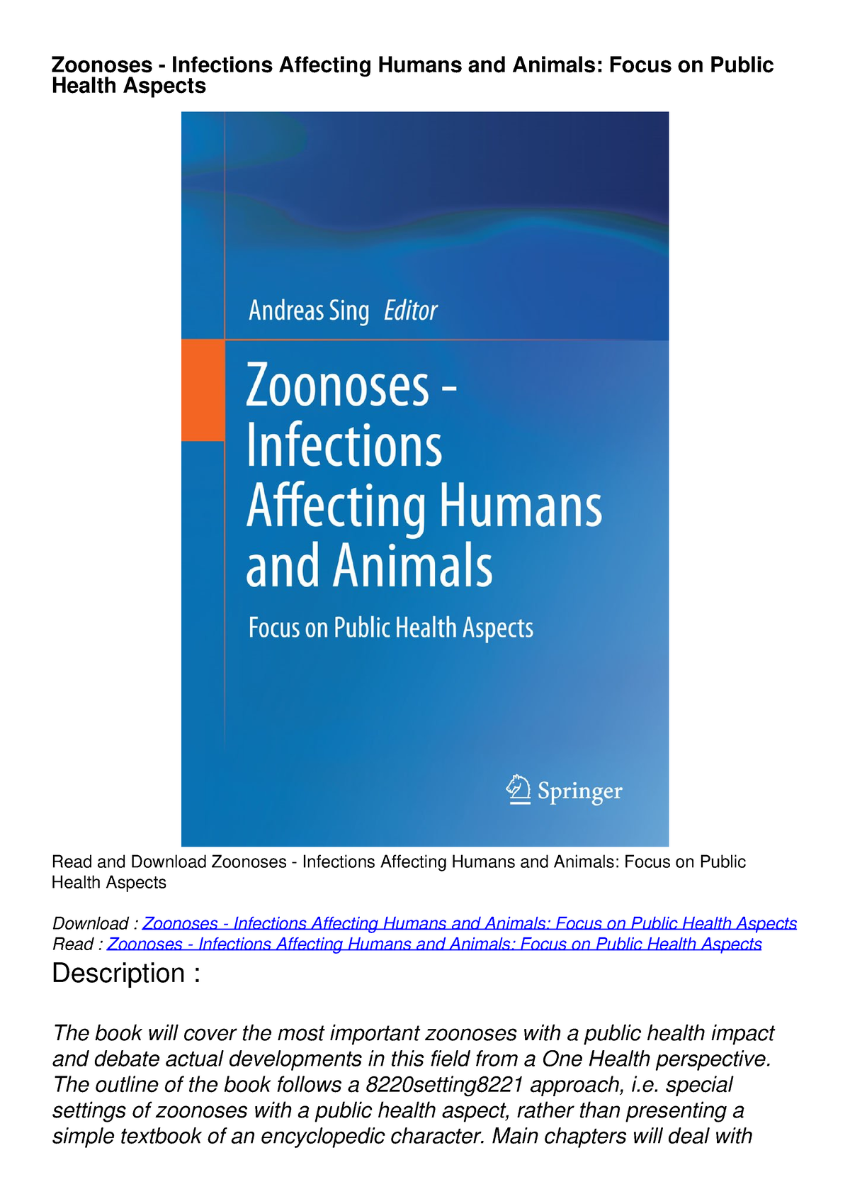 [PDF READ ONLINE] Zoonoses - Infections Affecting Humans And Animals ...