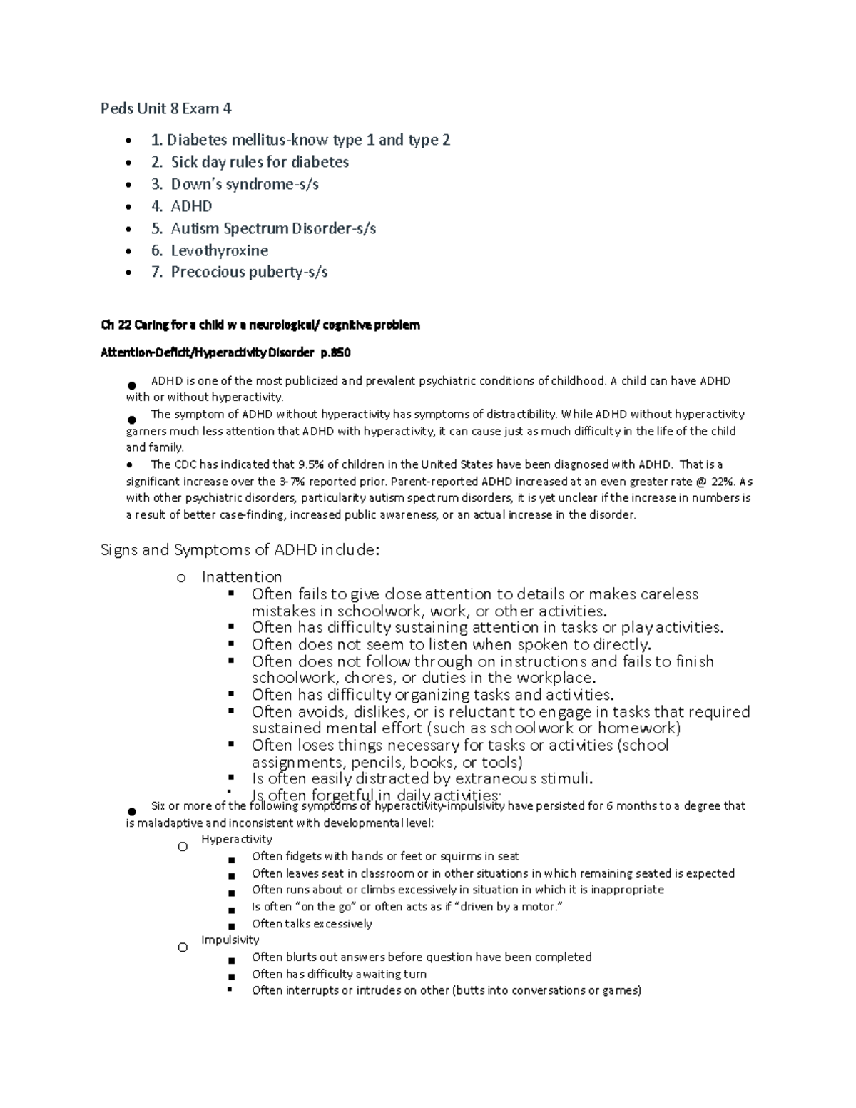 Peds Exam 4 Unit 8 - Unit 8 exam 4 - Peds Unit 8 Exam 4 • 1. Diabetes ...