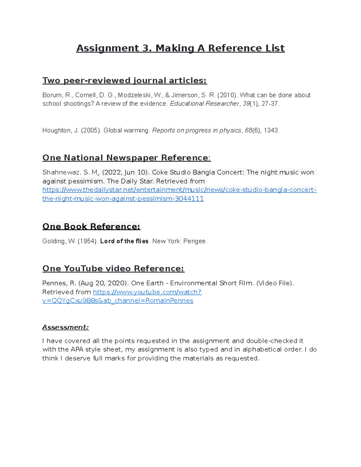 Reference - Assignment 3. Making A Reference List Two peer-reviewed ...
