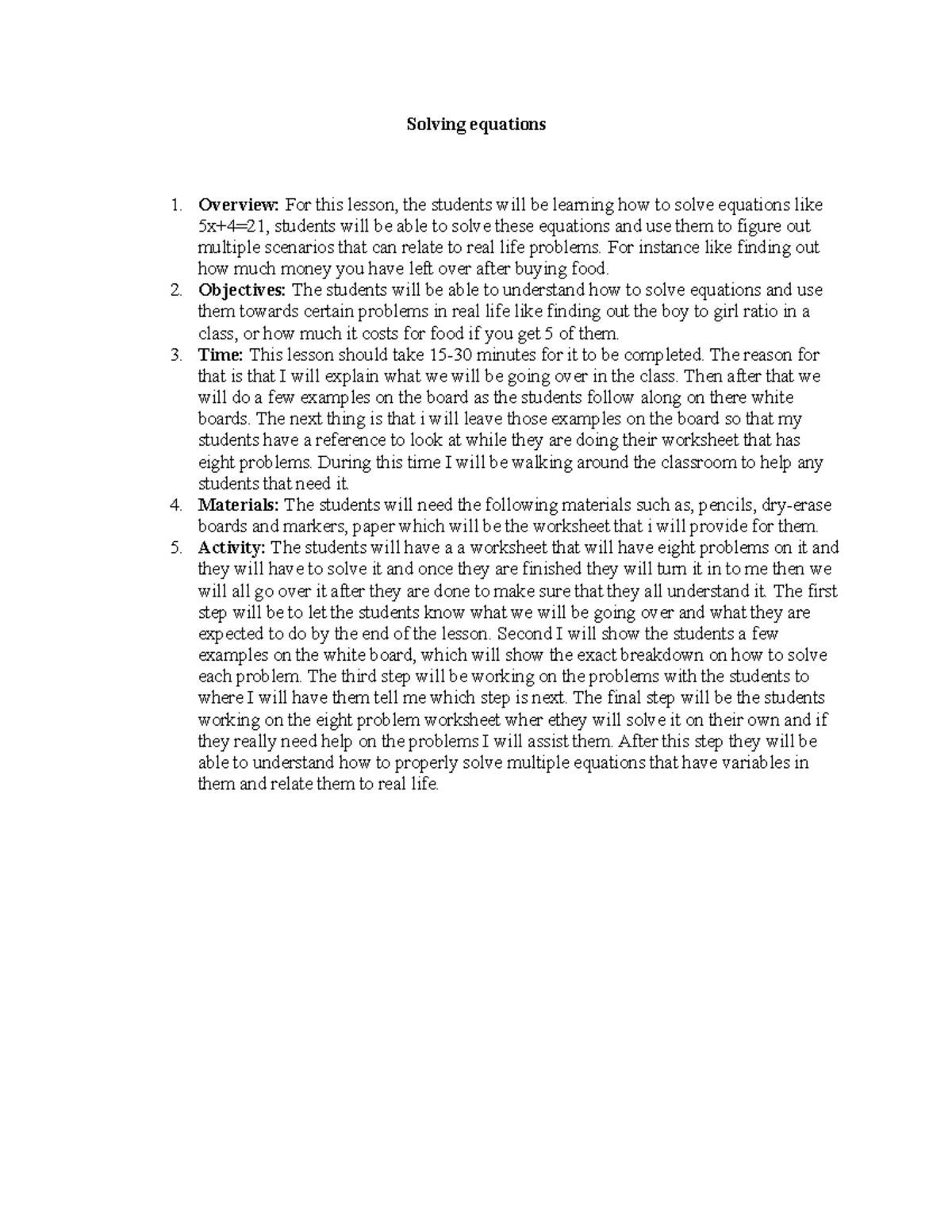 Solving equations - lesson plan for math - Solving equations Overview ...