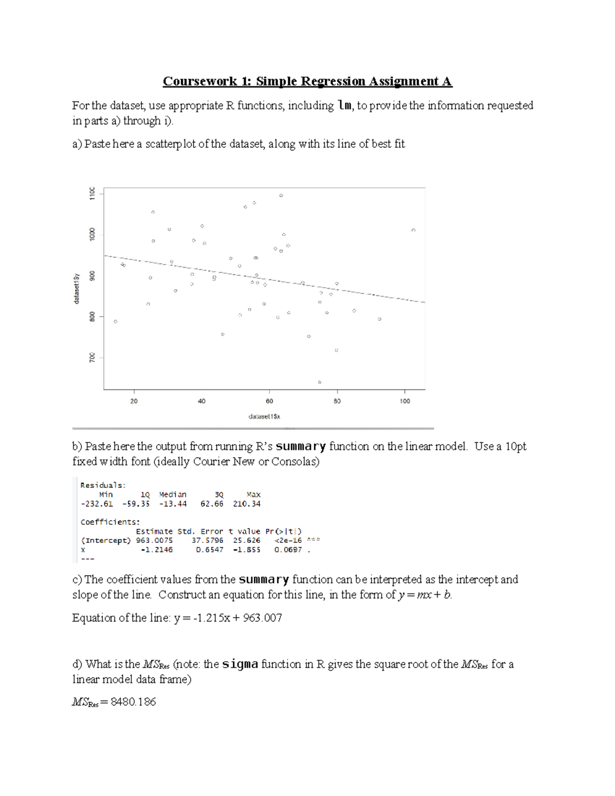 Coursework 1 - R programming - Coursework 1: Simple Regression ...