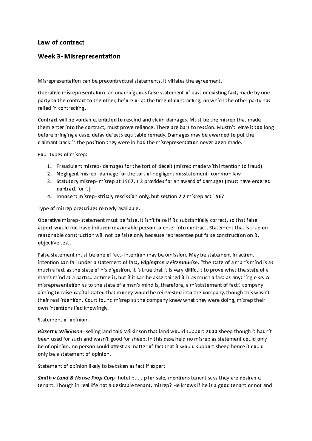 Week 2 misrepresentation - Law of contract Week 3- Misrepresentation ...
