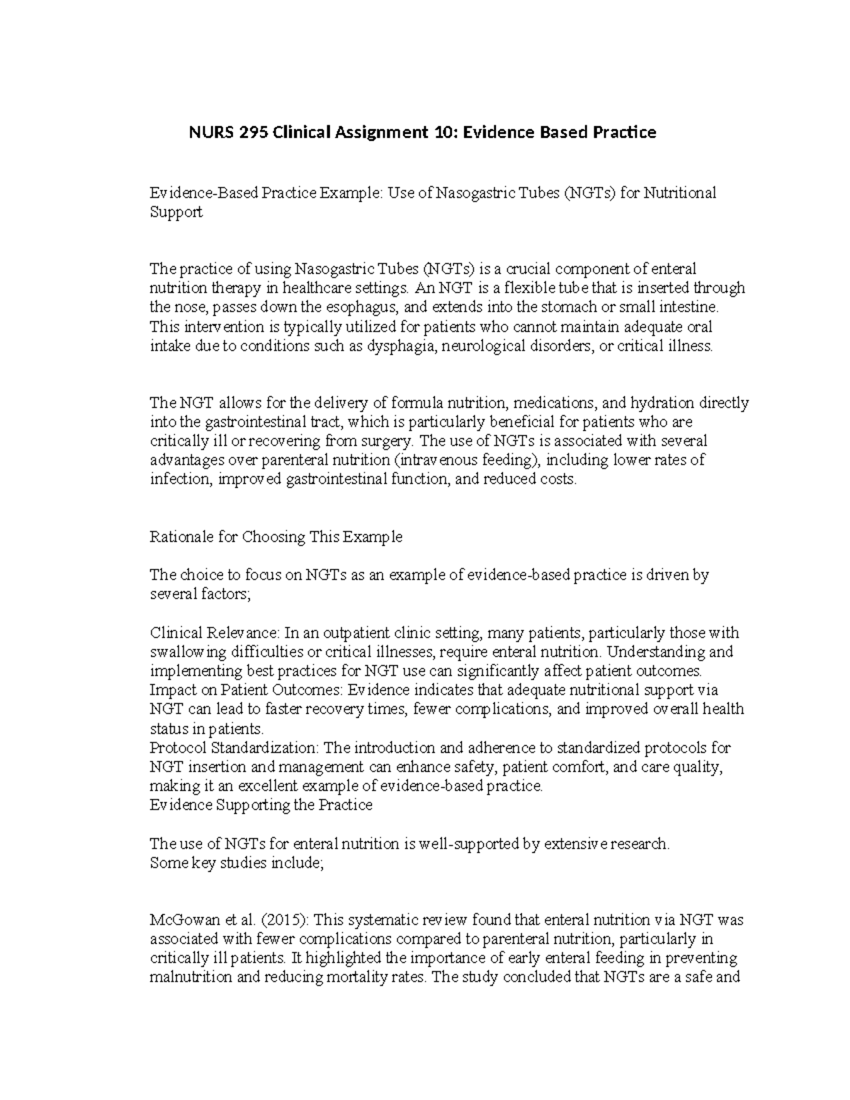 Evidence Based- NURS 295 - NURS 295 Clinical Assignment 10: Evidence ...