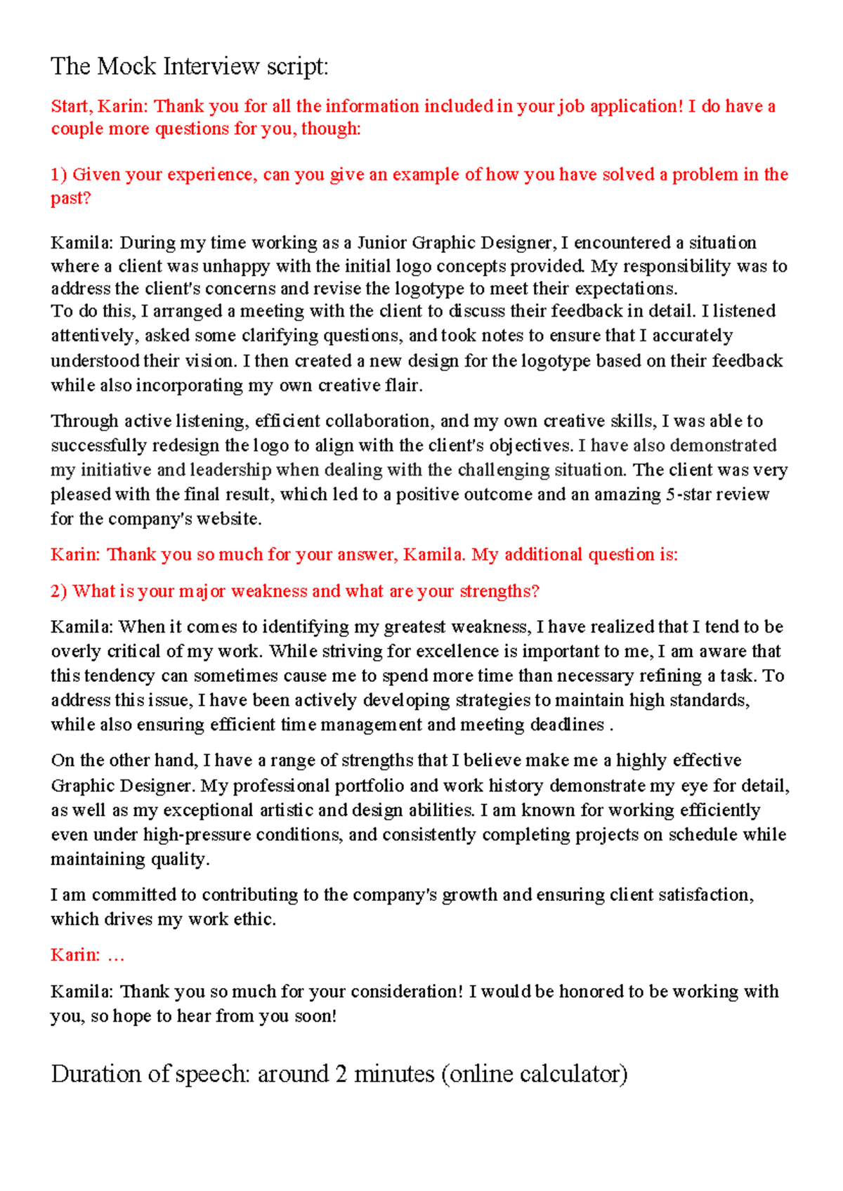 The Mock Interview script - The Mock Interview script: Start, Karin ...