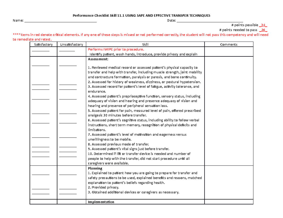 SPC Using Safe And Effective Transfer Techniques Performance Checklist Skill 11 USING SAFE