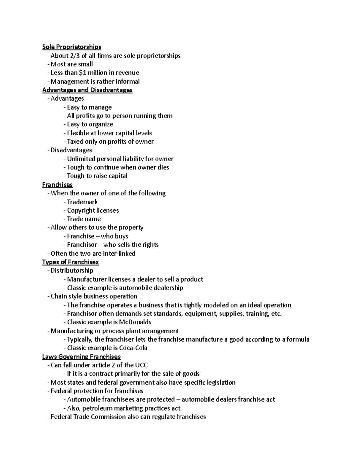 Business Law Chpt 36 - Lecture Notes - Sole Proprietorships - About 2/3 ...