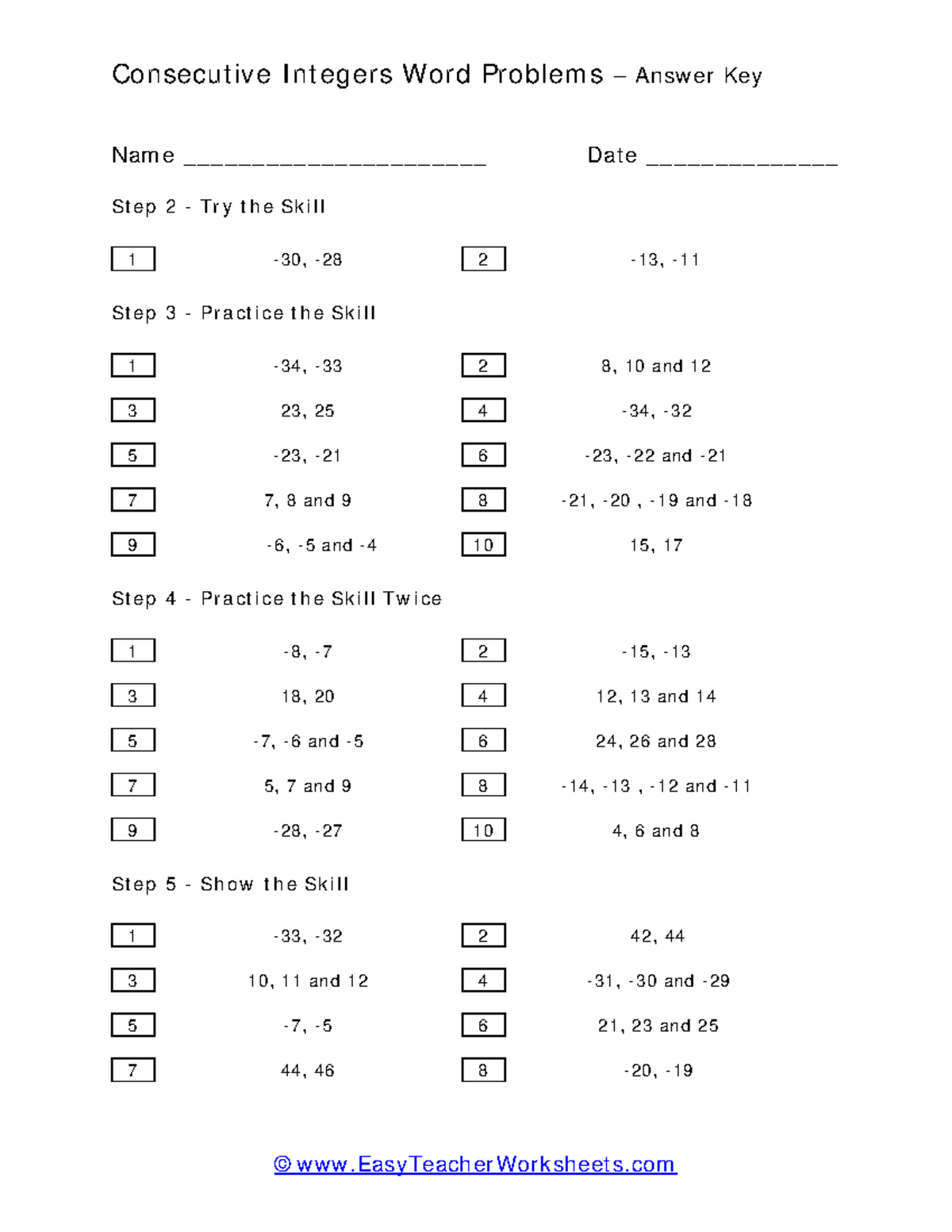 Answerkeyconsec Korean math tech Consecutive Integers Word